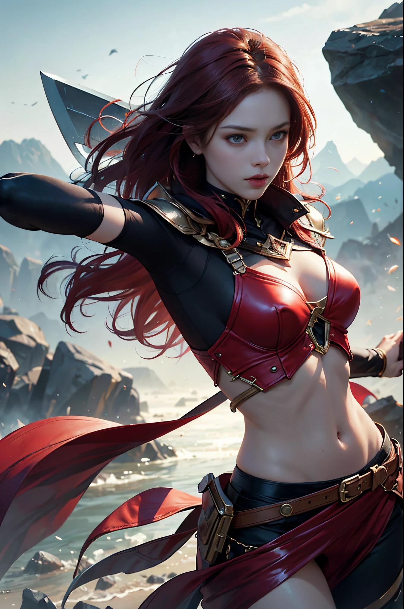 Red-haired arafe woman in red armor holding a sword in the wilderness, very detailed Artgerm, by Yang J, ruan jia and artgerm, artgerm and ruan jia, Style ArtGerm, ig model | ArtGerm, aly fell and artgerm, style of artgerm, by ruan jia and stanley artgerm, Best Quality, Perfect Angle, perfect-composition, Supermodel body type, extremely detailed and beautiful eyes, ciinematic light, lone female swordsman, Another name for the red scorpion, Battle-hardened mercenary, Official Art