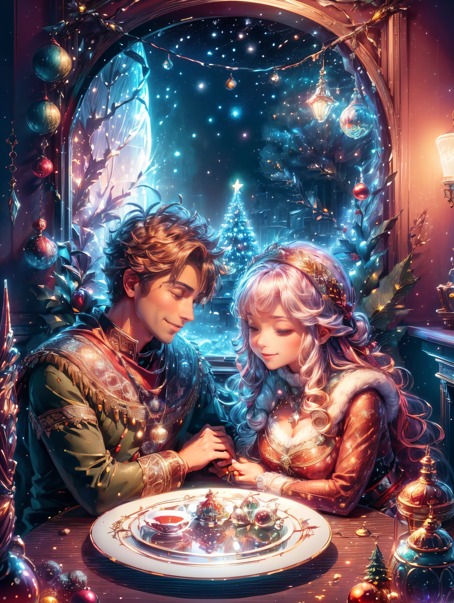 (Best quality, 8K, A high resolution, tmasterpiece:1.2), ultra - detailed, (actual, realistically:1.37), Vibrant colors, Magical atmosphere, Whimsical, ((sky full of stars，The North Star shines))，(((Use an illustration style), The room is decorated with a strong Christmas atmosphere. A string of shining colored lights hangs on the wall, Christmas wreath and little snowman on the windowsill, In the corner of the room stands a beautifully decorated Christmas tree. On a table, There are beautiful cutlery and red plates. In the center of the table, Have a sumptuous Christmas feast, Next to it is a bottle of red wine and two exquisite wine glasses. (((A male and female couple wearing Christmas costumes cuddling together))), Smiling and looking at each other，Eyes full of happiness and warmth. There are several scented candles lit in the room, It exudes a faint fragrance. Warm fire burning in the fireplace, Brings warmth and comfort to the entire room, Surreal, Psychedelic, Complicated details, Beautiful texture, Ethereal, like a dream, Soft glowing light, Charming Patterns, Fantasy creatures, Hidden surprises, dreamlike landscapes, Surreal color palette, Mystic aura, hyper realisitc, Enchanting journey, psychedelic trip, vivid imagination, immersive experience, Mysterious Christmas, otherworldly charm, glowing paths, Light up a magical Christmas, surreal sky, Whimsical themed festivals, a magical encounter, Fascinating artwork，(Ghibli-style colors, first person perspective, hyper HD, tmasterpiece, acurate, Anatomically correct, ctextured skin, super detailing, high detal, high qulity, Award-Awarded, Best quality at best, 8K)