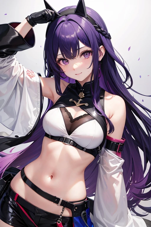 Hosino Ai, Guantes, lengua que sobresale, lengua, Cabello largo, estrella (simbol), Ver visor, (purple hair: 1.2), purple eyes, Parte superior del cuerpo, adorno para el cabello, Volantes, Camisa rosa, They are smiling, sin mangas, camisa, idolmaster, Symbol-shaped pupil, Manos levantadas, flequillo, un lado hacia arriba, Pupilas en forma de estrella, Brazos levantados, desde arriba, cuerpo completo