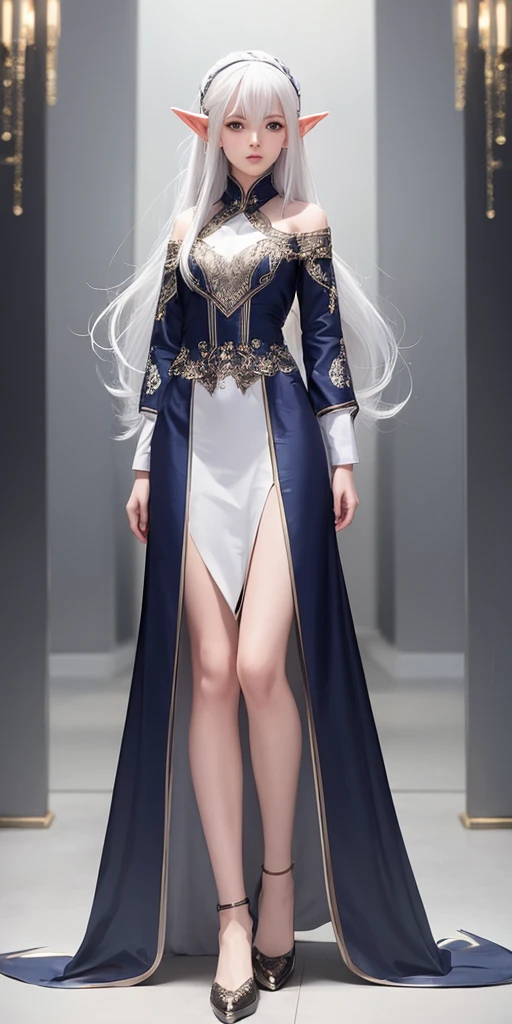 1 girl,solo, elf, long messy white hair, full body standing straight