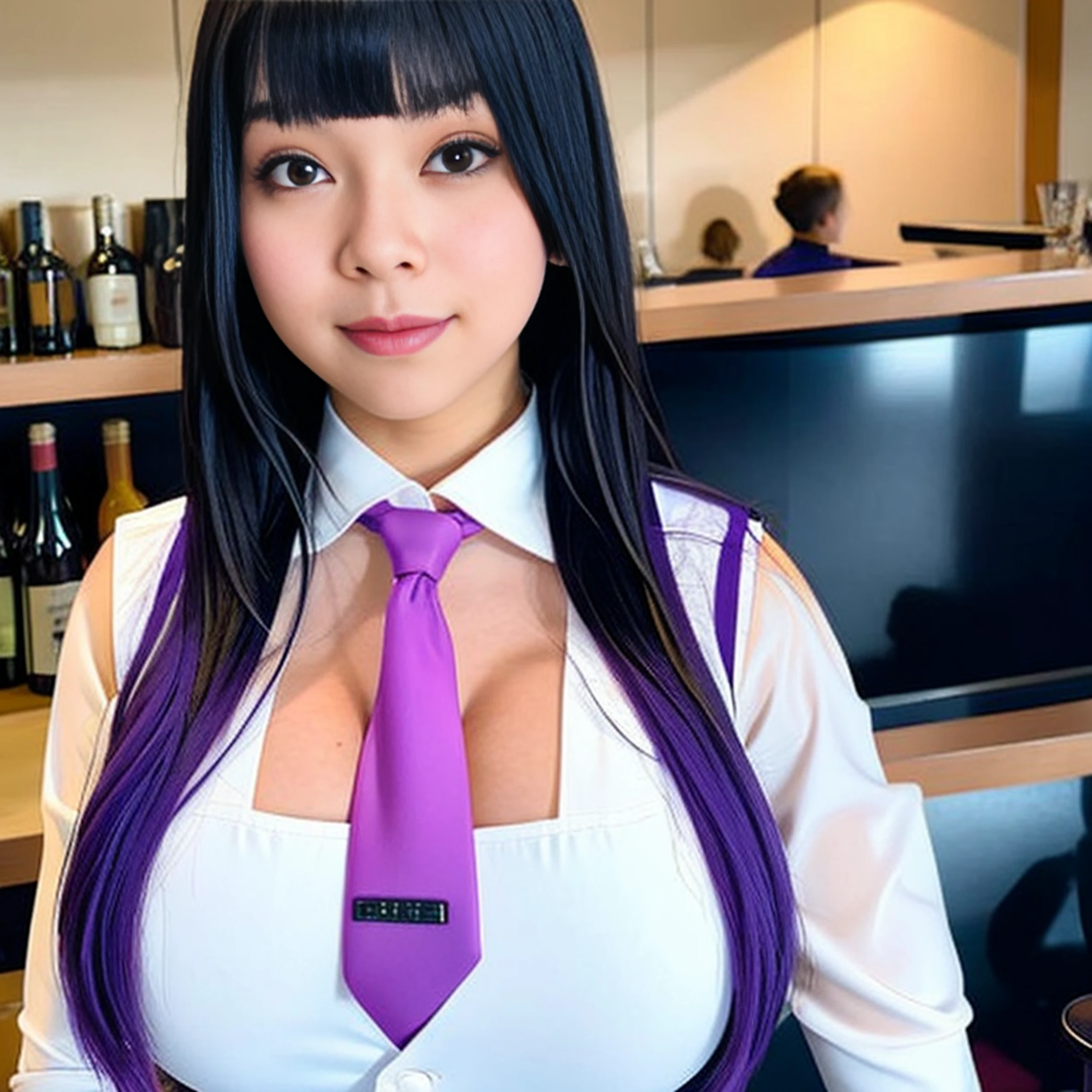 1girl, solo, bangs, blush, hand on own chest, jill stingray, long sleeves, looking at viewer, purple hair, medium breasts, necktie, shirt, solo, upper body, vest,  bartender, vest, white shirt,