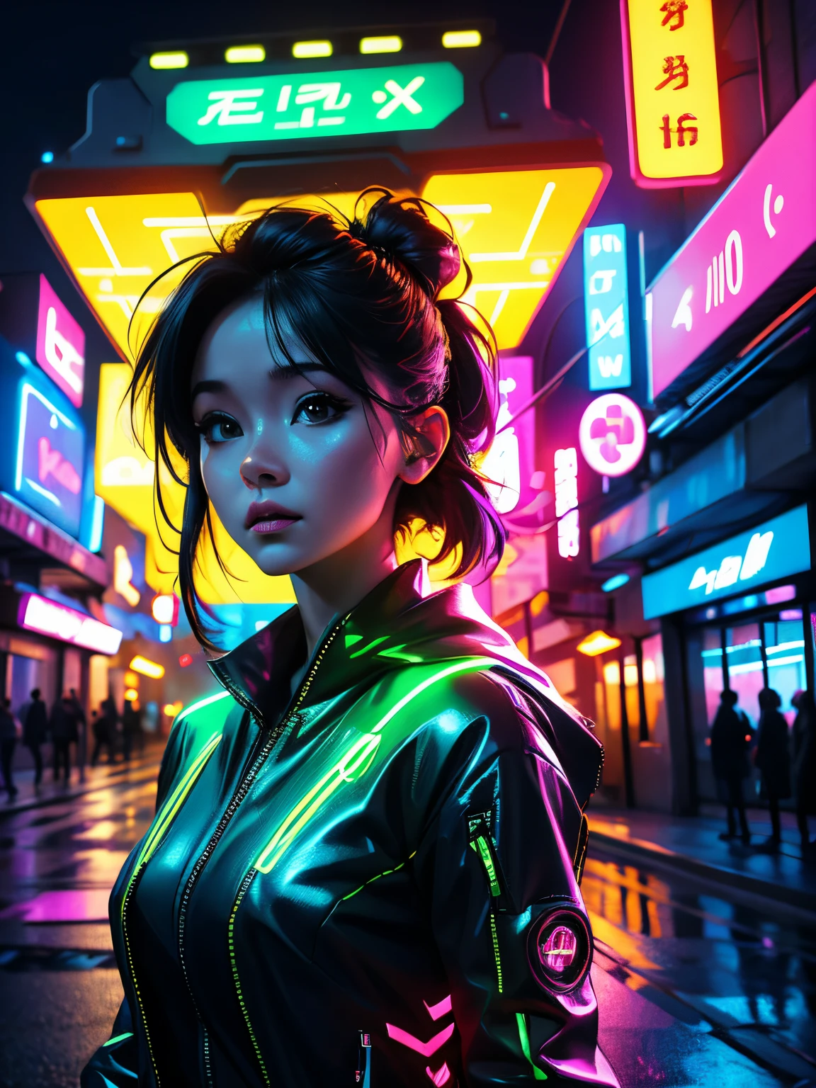 X-files, neon glow streets, mysterious alien abduction, a pretty woman in a neon firegami dress in the streets, hdr pro digital studio portrait, young, front, highly detailed, clear, high quality, hyper-detailed, 4k, ultra smooth, cinematic lighting