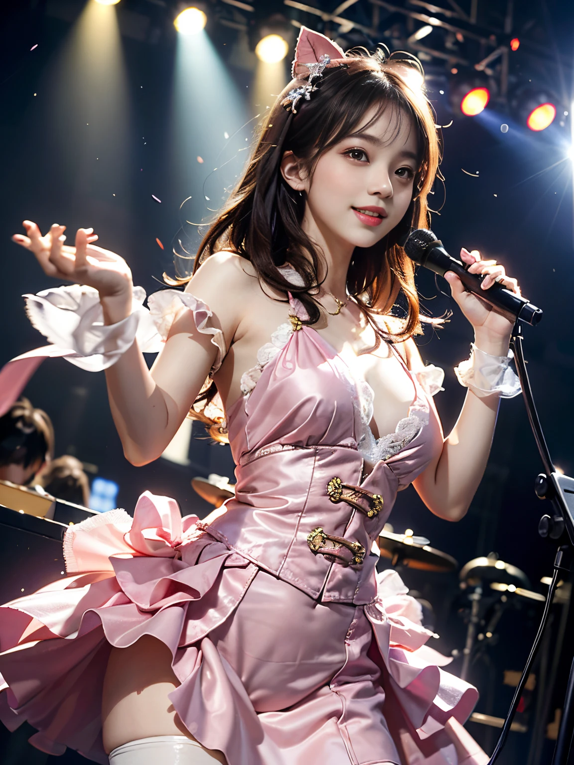 Realistic, Photorealistic, Masterpiece, Best Quality, One Girl, Solo, In the Stage, Stage Lighting, Stage Spotlight, Look At Audience, Smile, idol_singing_costume, (pureerosface_v1:0.8),Korean Idol,Nogizaka Idol,Actress,Gravure Idol