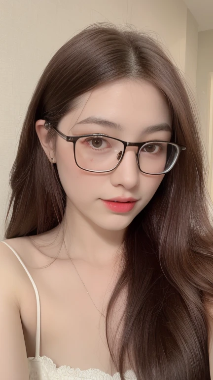 ((realistic, pale white skin:1.3,high resolution:1.3)), 1 girl with perfect figure, thin round glasses, super fine face and eyes, long hair, white lace veil: 1.2 , in bedroom, sit on the bed, gigantic breasts, exposed cleavage