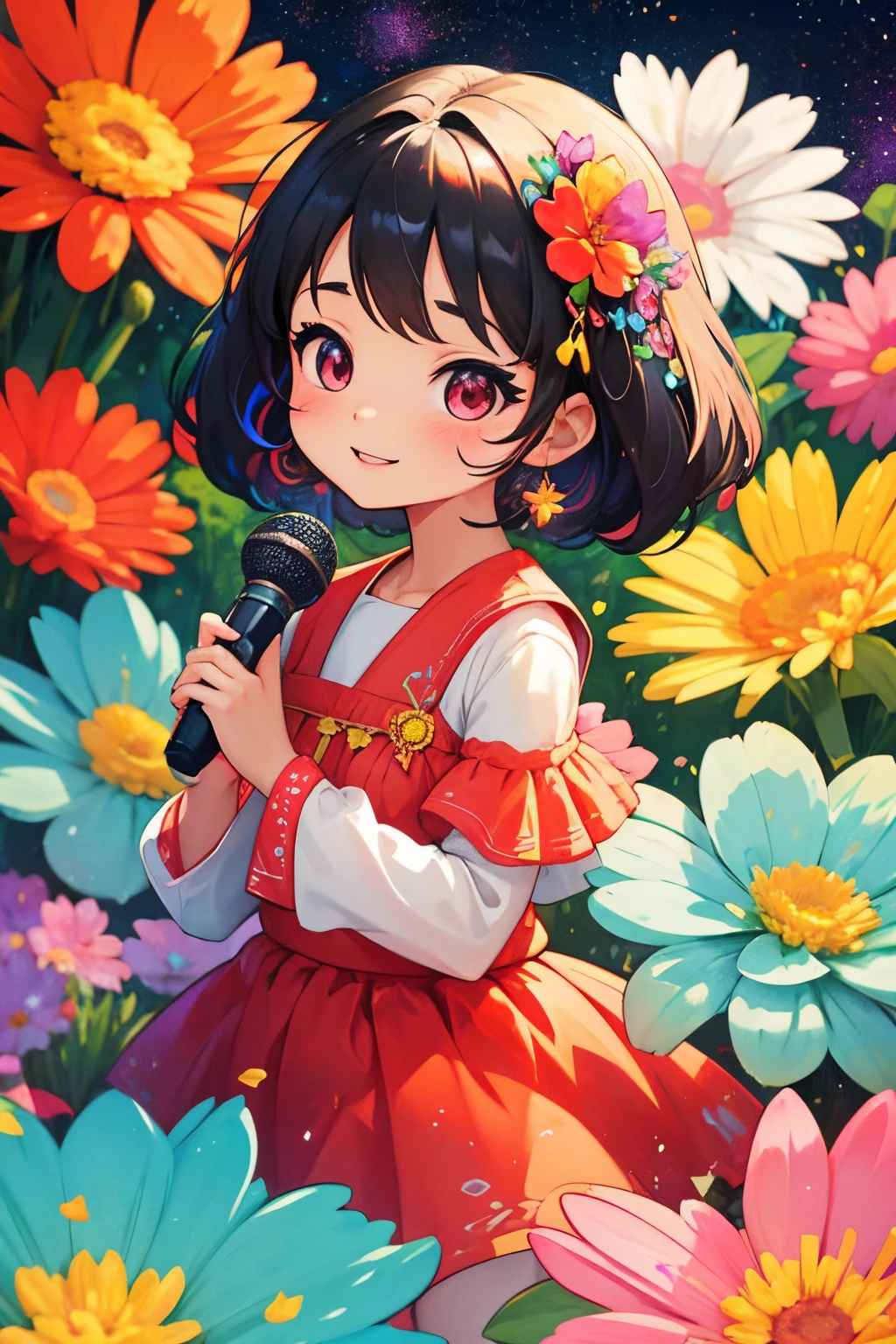 Extremely detailed,(Fractal Art:1.1),(Colorful:1.1)(Flowers:1.3)、 (Dynamic Pose), (Abstract background:1.3)、(Many colors:1.4)、Place one small doll on a circular stand、kawaii pose、A smile、A dark-haired、Chibi Doll、Stars in the eyes(kirakira)、Singing with microphone in hand、Eye Up、Laugh、Cute red shoes、Ultra Detail, radiant light、bio luminescent、Stronger bokeh effect、Taken from the side