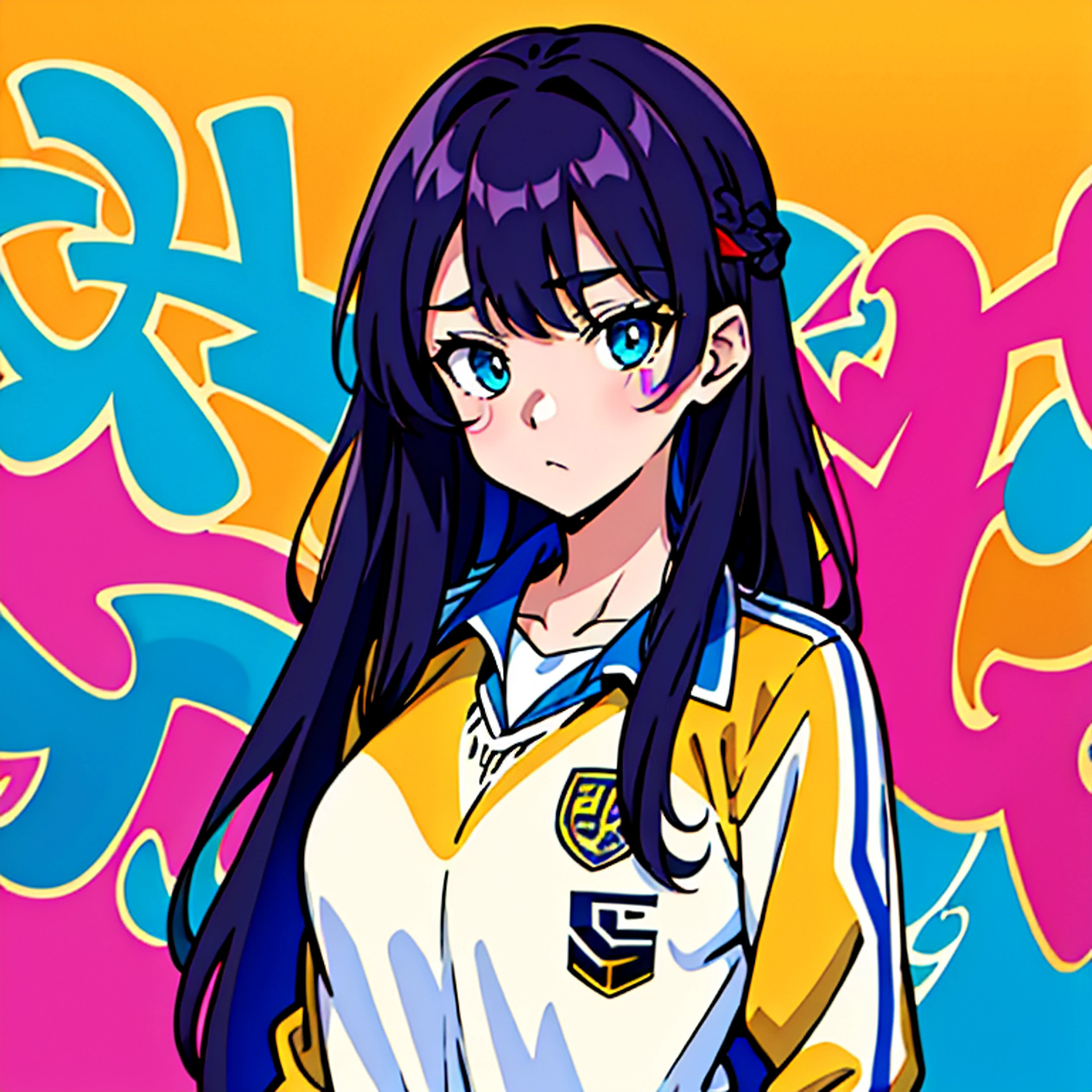 (best quality), masterpiece, extremely detailed CG uniform 8K illustration, high color, extremely high color saturation, all colors deepened, paint, graffiti art, center composition, extremely detailed light and shadow, graffiti wall, wall painted bright, 1 girl graffiti 1 girl looking at the wall, extremely detailed face and eyes, medium length hair, sportswear, colored clouds