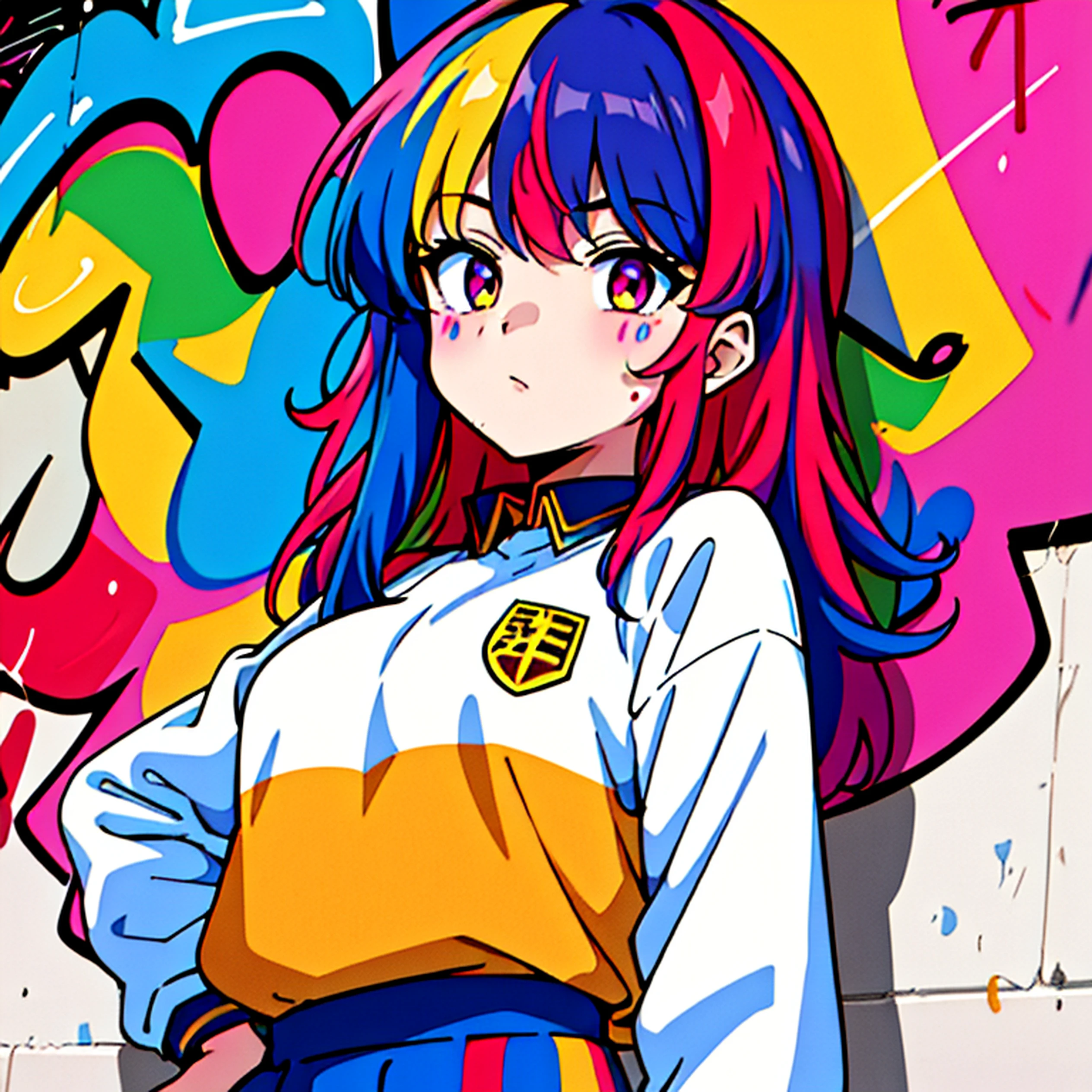 (best quality), masterpiece, extremely detailed CG uniform 8K illustration, high color, extremely high color saturation, all colors deepened, paint, graffiti art, center composition, extremely detailed light and shadow, graffiti wall, wall painted bright, 1 girl graffiti 1 girl looking at the wall, extremely detailed face and eyes, medium length hair, sportswear, colored clouds