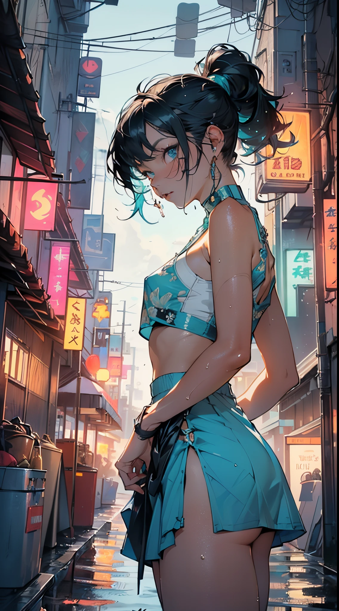 cute little loli,(((little loli,small tiny body,petite,chibi))),(((6 years old))),((little loli with extremely cute and beautiful aqua hair)),(baby face),(round face),

(((flat chest))),(((aqua hair:1.5,long aqua hair,ponytail,colored inner hair,ear breathing,))),((heterochromia:1.5, (aqua_eye and yellow_eye))),intricate eyes,beautiful detailed eyes,symmetrical eyes,big eyes:1.5,(((lustrous skin:1.5,bright skin: 1.5,skin tanned,shiny skin,very shiny skin,shiny body,plastic glitter skin,exaggerated shiny skin,illuminated skin,wet legs))),(detailed body,(detailed face)),

cute,slutty,erotic,((nsfw)),

zettai ryouiki,(revealing clothing,show skin),((sideboob)),(barefoot,),(((breast curtain,low rise mini skirt,high cut thong))),((colorful clothes, clothes in neon colors)),((wet clothes,intricate outfit,intricate clothes)),

(dynamic pose:1.0),solo focus,embarrassed,(centered,scale to fit dimensions,Rule of thirds),

cyberpunk city by the ocean at night, with bright neon signs and dark stormy clouds and puddles, scenery:1.25,

artistic photography,(photography taken by sldr),highres, sharp focus, (ultra detailed, extremely detailed), (photorealistic artwork:1.37),(extremely detailed CG unity 8k wallpaper),((synthwave background theme)),(((vibrant colors))),(intricate background),(masterpiece),(best quality),