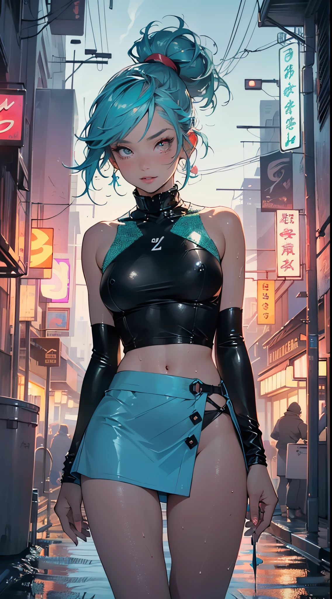 cute little loli,(((little loli,small tiny body,petite,chibi))),(((6 years old))),((little loli with extremely cute and beautiful aqua hair)),(baby face),(round face),
(((flat chest))),(((aqua hair:1.5,long aqua hair,ponytail,colored inner hair,ear breathing,))),((heterochromia:1.5, (aqua_eye and yellow_eye))),intricate eyes,beautiful detailed eyes,symmetrical eyes,big eyes:1.5,(((lustrous skin:1.5,bright skin: 1.5,skin tanned,shiny skin,very shiny skin,shiny body,plastic glitter skin,exaggerated shiny skin,illuminated skin,wet legs))),(detailed body,(detailed face)),
cute,slutty,erotic,((nsfw)),
zettai ryouiki,(revealing clothing,show skin),((sideboob)),(barefoot,),(((breast curtain,low rise mini skirt,high cut thong))),((colorful clothes, clothes in neon colors)),((wet clothes,intricate outfit,intricate clothes)),
(dynamic pose:1.0),solo focus,embarrassed,(centered,scale to fit dimensions,Rule of thirds),
cyberpunk city by the ocean at night, with bright neon signs and dark stormy clouds and puddles, scenery:1.25,nighttime, starry night, cosmos,Very dark night that makes the neon lights stand out, very bright neon lights,nighttime, starry night, cosmos,
artistic photography,(photography taken by sldr),highres, sharp focus,(ultra detailed, extremely detailed), (photorealistic artwork:1.37),(extremely detailed CG unity 8k wallpaper),((synthwave background theme)),(((vibrant colors))),intricate,(intricate background),(masterpiece),(best quality),perfect rendered face,perfect face details,realistic face,photo realistic,analog style,((intricate detail)),(((realism))),