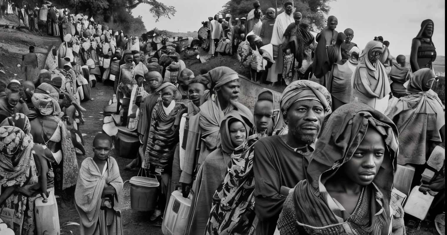 Hyper realistic 8k, ultra detailed, (Best Quality digital illustration Masterpiece of a black and white photo of a group of people standing on a hill, sebastiao salgado, 1 9 8 4 ethiopian famine, ethiopian civil war, pulitzer prize for photography, by Ibrahim Kodra, stunning visual, edited, by Robert Jacobsen, by Scott Samuel Summers, by Giovanni Pelliccioli, by Greg Spalenka, refugees, by David Burton-Richardson --ar 3:2