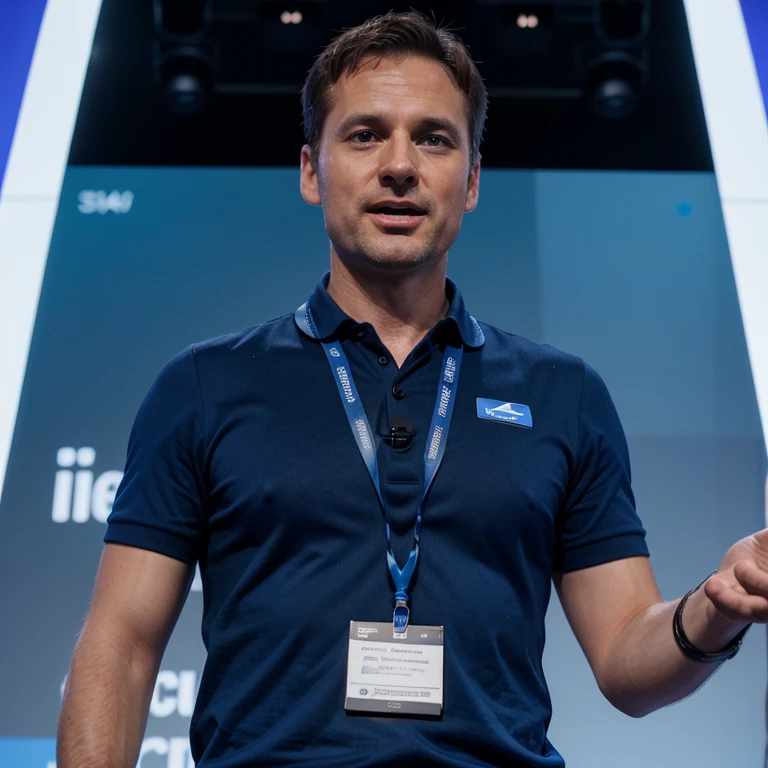 A very handsome 41 year old white male chief technology officer, he is speaking very enthusiastically on stage at a tech conference, he is confident, wearing blue lanyard and badge dressed for a conference