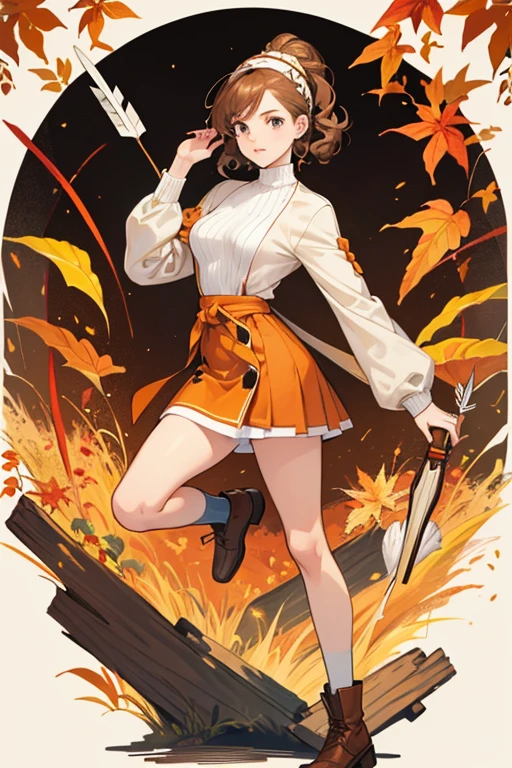 Sienna has curly brown hair, pale skin, and freckles. She wears a white turtleneck sweater with orange edges for the sleeves under a brown blazer in arrow-like patterns. She also wears a skirt with the same pattern as her shirt in her Style A, and a white headband adorned by two "autumn" leaves clipped to it. To complete her look, she wears brown moccasins with orange stitches, yellow laces, and black soles. This outfit was intially introduced as Sienna's Style B in Papa's Bakeria, but has remained her Style A since Papa's Sushiria.