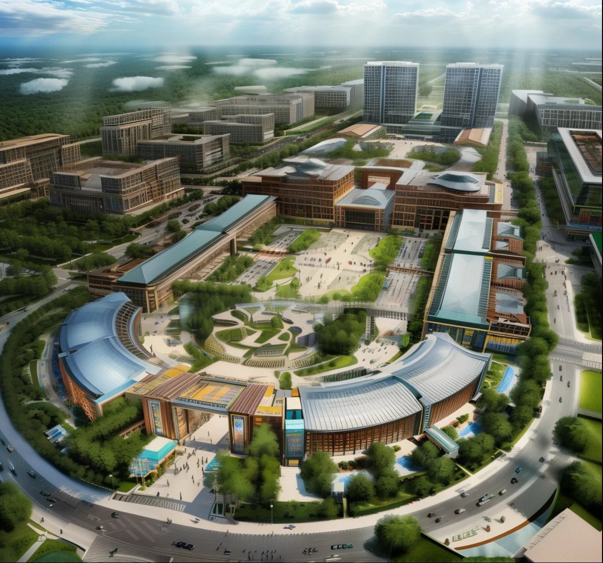 Hyper realistic 8k, ultra detailed, (Best Quality digital illustration Masterpiece rendering of a large building with a circular courtyard in the middle of it, baotou china, shopping mall, magnificent design, big!!!!!!!!!!!!, by Ni Yuanlu, masterpiece', portrait!!!!, city, marvelous, beutiful, tourist destination, mixed development, beautifull, city square, in an eco city, mall, charming, attractive, masterpiece!, wonderful