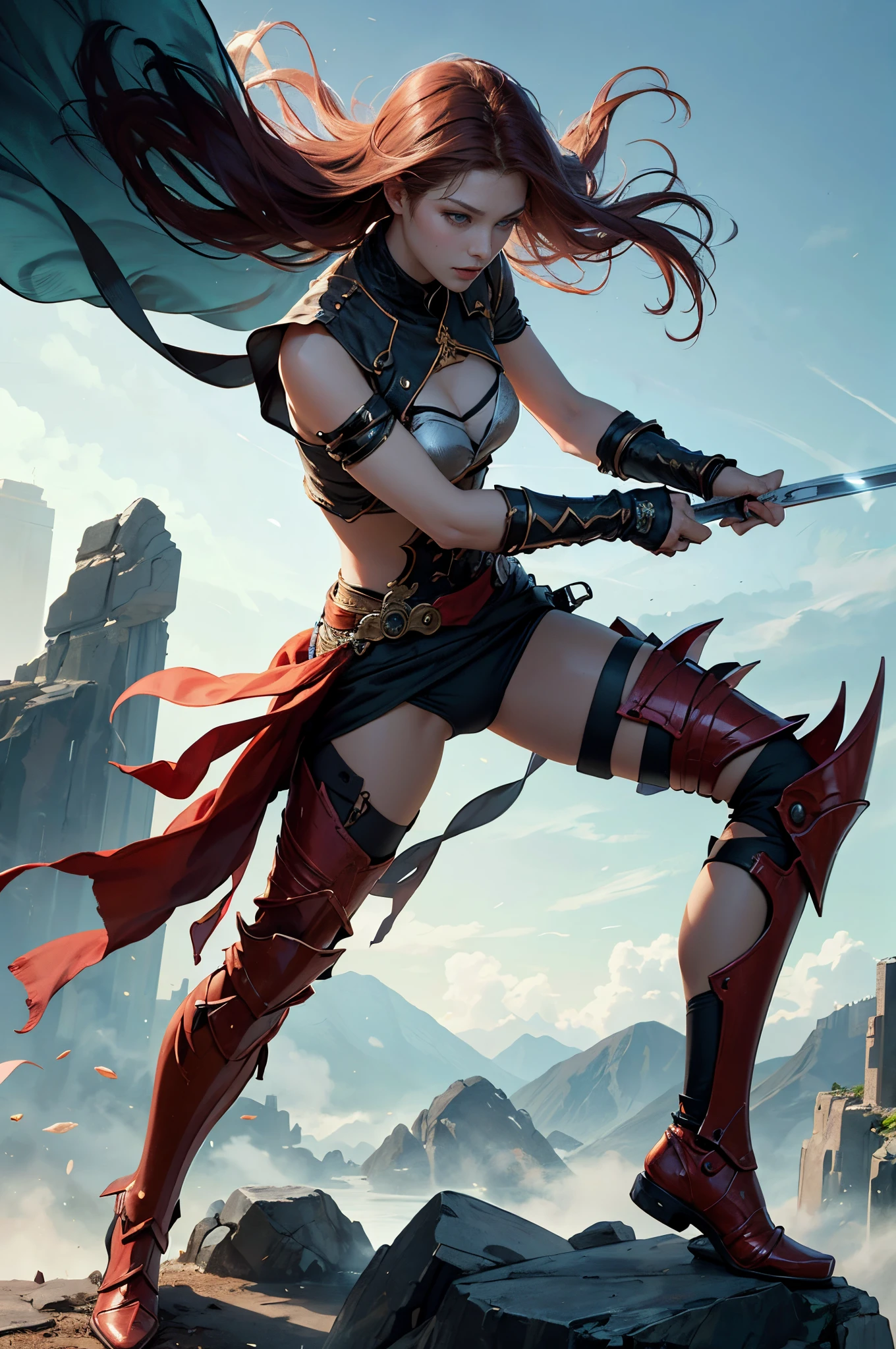 Red-haired arafe woman in red armor holding a sword in the wilderness, Very detailed ArtGerm hahaha, by Yang J, ruan jia and artgerm, artgerm and ruan jia, Style ArtGerm, ig model | ArtGerm, aly fell and artgerm, style of artgerm, by ruan jia and stanley artgerm, Best Quality, Perfect Angle, perfect-composition, Supermodel body type, extremely detailed and beautiful eyes, ciinematic light, Official art