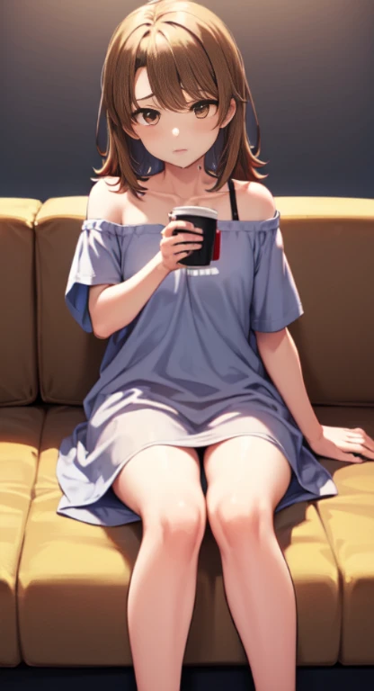 Isshiki Roha, shorth hair, brown haired, wetting hair,Brown-eyed, blanket that can be hung over the shoulder,nightgown(Oversized T-shirt,1 pair of bunts), Sleepy face,Single-person sofa,sit alone on the sofa with your legs crossed,Hold the coffee cup with both hands,Solo,