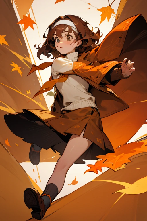 Sienna has curly brown hair, pale skin, and freckles. She wears a white turtleneck sweater with orange edges for the sleeves under a brown blazer in arrow-like patterns. She also wears a skirt with the same pattern as her shirt in her Style A, and a white headband adorned by two "autumn" leaves clipped to it. To complete her look, she wears brown moccasins with orange stitches, yellow laces, and black soles.