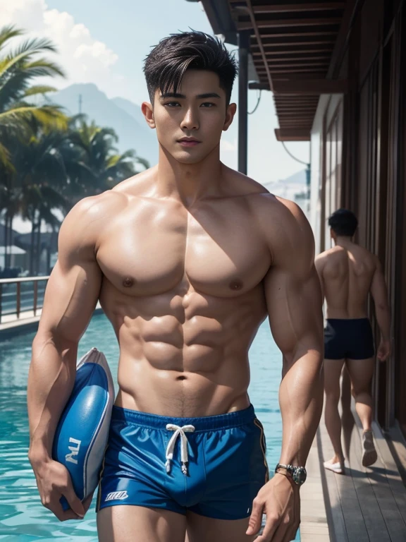 masseter membrane、well built、Asian male celebrity、male people、25 age old、cool guy、chest muscle、Brush cut、gay twinks、 scantily clad、cool guy、musculous、largeeyes、cool guy、High value、Immortal appearance、The skin is smooth and delicate、Introduction to Hyde&#39;s entry and exit.、NS rich sizes、Authentic texture、fully body photo、Ultrathin、Ultra-thin transparent swimming trunks、large bulge、Big bag、Obvious big bag、Rugby player、soles of feet、pioneer、Eternal、Very sunny and handsome、The three of them laughed happily together、Portrait photos、profesional lighting、8K分辨率、beautifuldetails、ultra - detailed、Have fun on the cruise