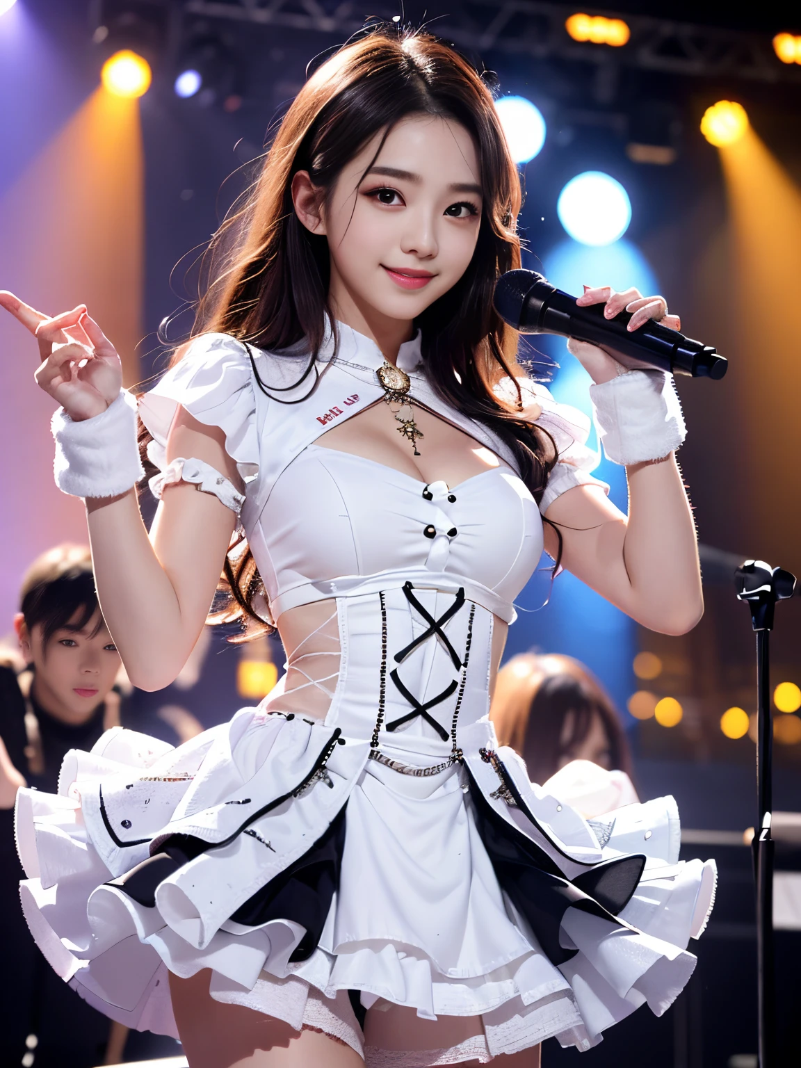 Realistic, Photorealistic, Masterpiece, Best Quality, One Girl, Solo, In the Stage, Stage Lighting, Stage Spotlight, Look At Audience, Smile, idol_singing_costume, (pureerosface_v1:0.8),Korean Idol,Nogizaka Idol,Actress,Gravure Idol