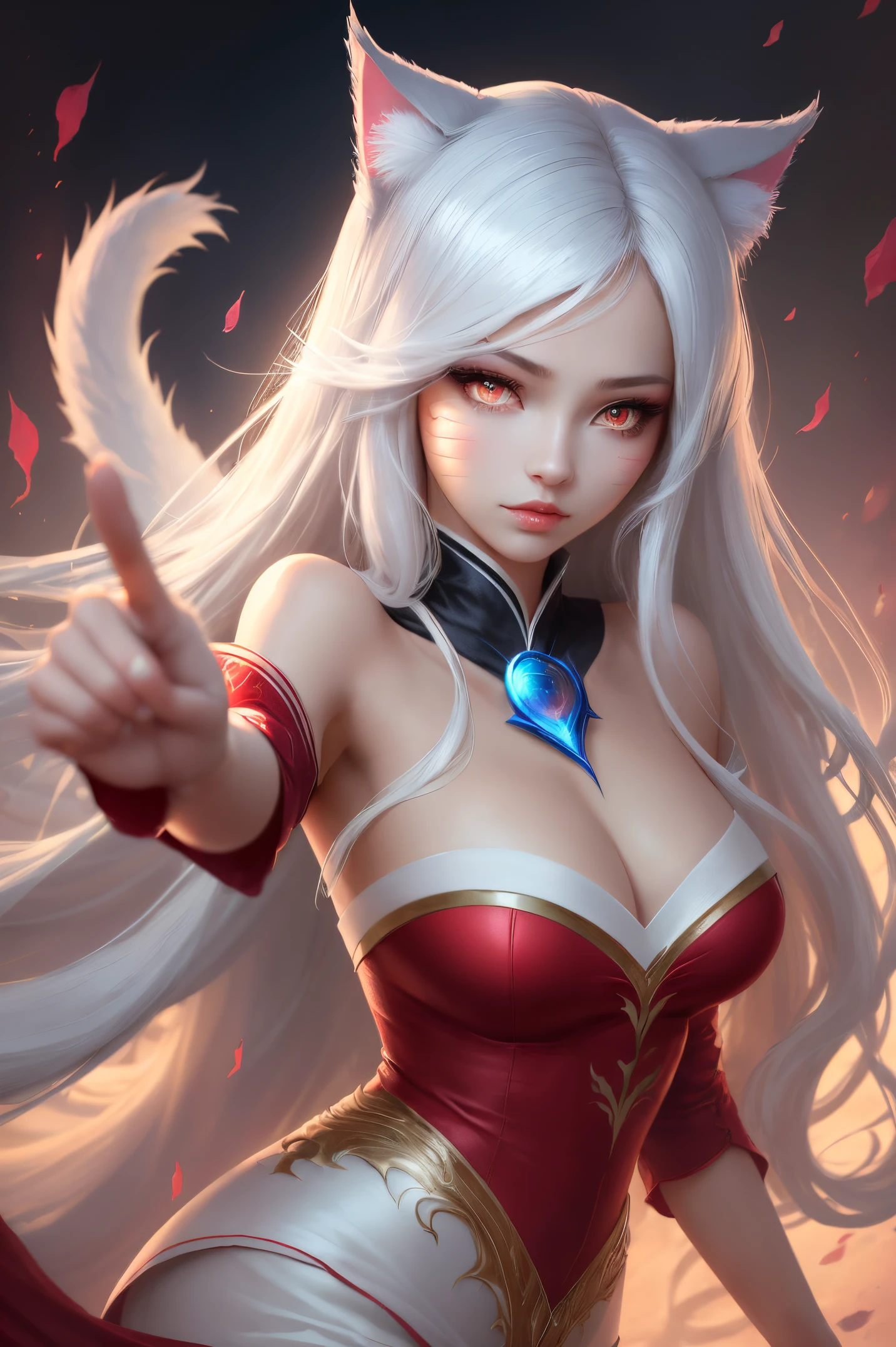 ahri, 1girl, Long hair, red eyes, 独奏,white long dress , Irelia;, looking a viewer, white colored hair, bronya, lips, , foreshortening, symmetric eyes, Cat's pupils, Medieval background ,