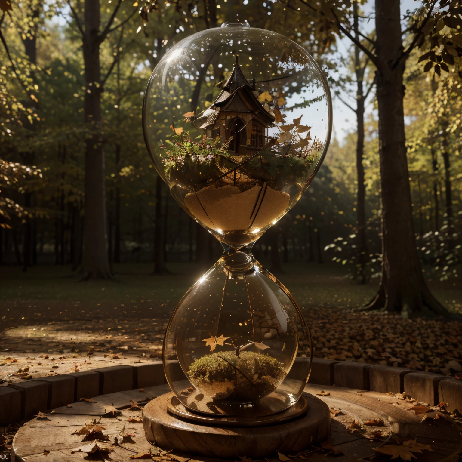 (best quality,4k,8k,highres,masterpiece:1.2),ultra-detailed,(realistic,photorealistic,photo-realistic:1.37),an hourglass with two trees inside, an upside-down old tree at the top with its falling leaves accumulating at the bottom of the hourglass where a new tree stands as its leaves fall.