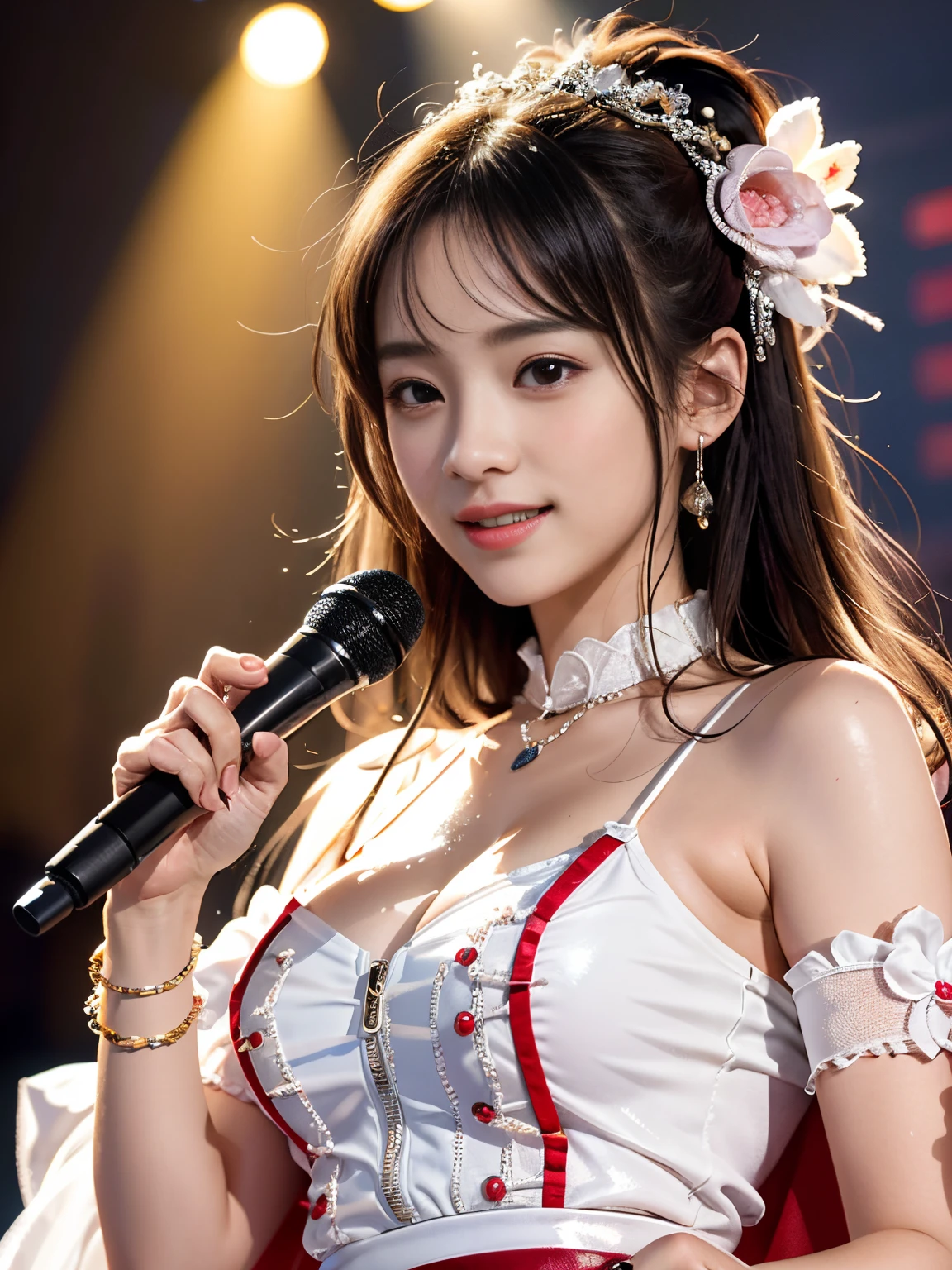 Realistic, Photorealistic, Masterpiece, Best Quality, One Girl, Solo, In the Stage, Stage Lighting, Stage Spotlight, Look At Audience, Smile, idol_singing_costume, (pureerosface_v1:0.8),Korean Idol,Nogizaka Idol,Actress,Gravure Idol