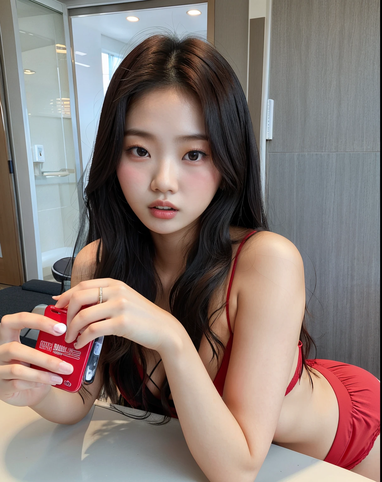 there is a woman in a red bikini holding a cell phone, Hermosa joven coreana, Hermosa mujer surcoreana, Chica coreana, Blackpink Jennie, Heonhwa Choe, Jinyoung Shin, Hermosa joven coreana, 18 years old, ulzzang, Gongbi, 2 , beautiful asian girl, Jaeyeon Nam, 21-year-old
