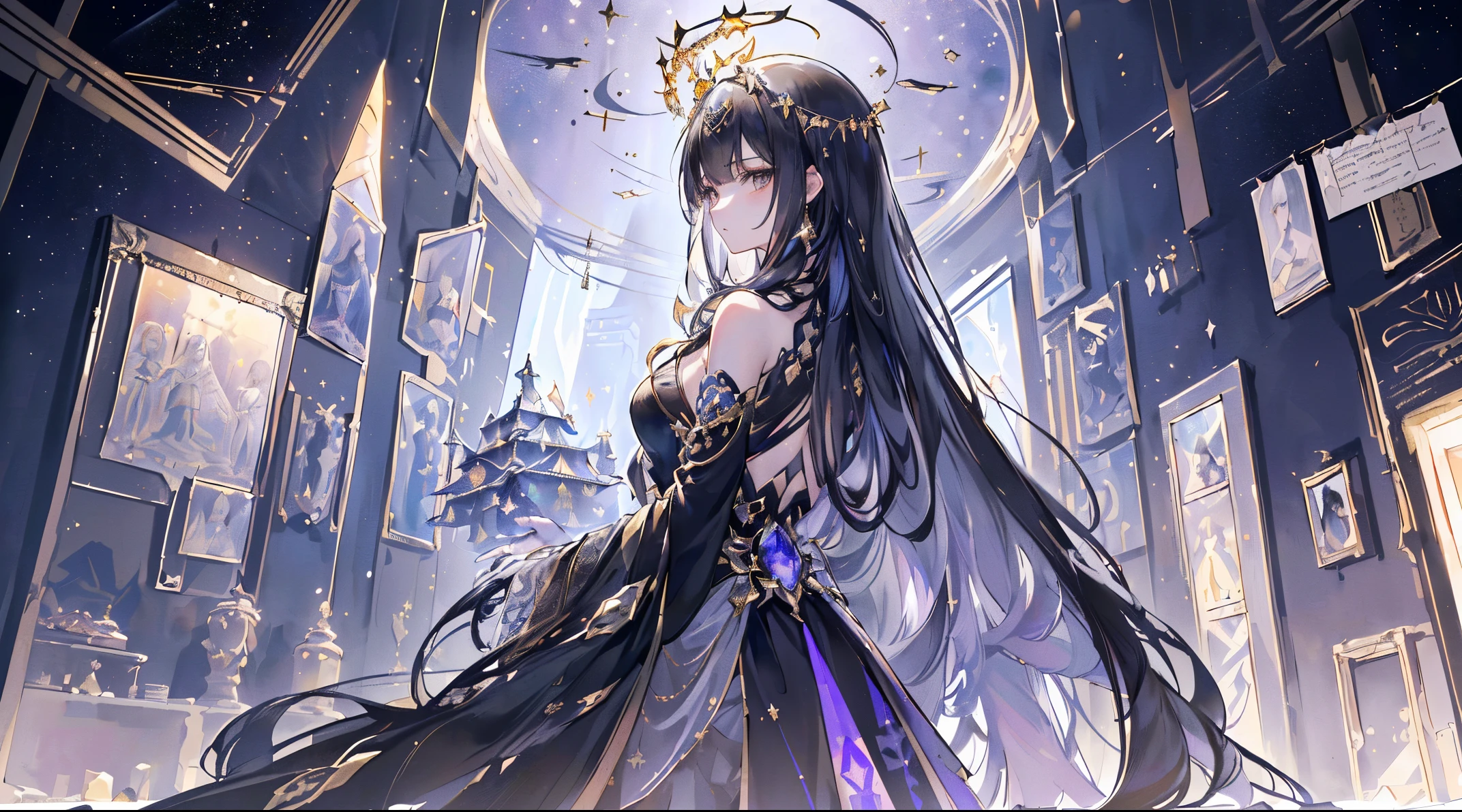 (ultra - detailed)),((illustration)),((tmasterpiece)),(((need))),((Exquisite、Highest Quality CG Unity 8K Wallpapers,tmasterpiece),((4K,tmasterpiece,Best quality)),Black-haired woman stretches her left hand forward,Turn your back to the stars.Queen dress-up,black in color,There's a strange halo around my left hand,The right hand holds a transparent pyramid model,Long hair and waist,gray eyes without light,above black robe,Has a dark golden texture,A cold expression,Whole body diagram,Imperial sister,give off a twinkling light,it is surrounded by golden dioramas,Intellectual beauty,lilac box,laurel crown,Lilac veil,The whole body is tightly wrapped
