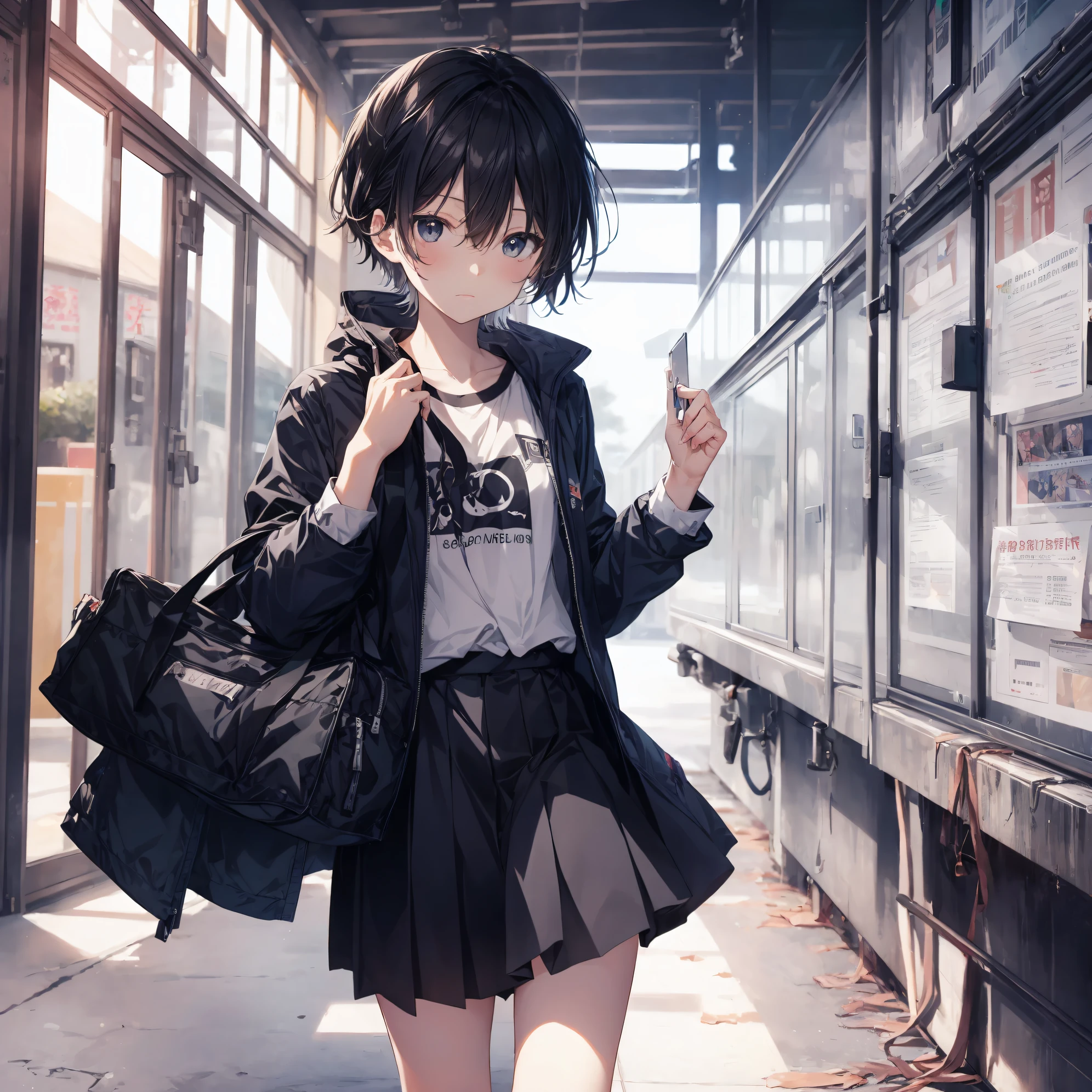 Super high quality by the art god, Ultra-detailed, High resolution, anime moe art style, Best Anime 8K Konachan Wallpapers, Pixiv Contest Winner, Perfect Anatomy, BREAK,(Draw a girl sleepily walking to school. ),BREAK, 1girl in, (Solo,Lori,child,13years:1.3),Full limbs, complete fingers,a junior high school student, Androgynous attraction, (Very short hair), Sleeping hair, hair messy, flat chest, Small butt, groin, Small eyes,Beautiful detailed black eyes, Well-proportioned iris and pupils, disgusted eye,  High resolution detailed hair, School uniform, Skirt, On the way to school. BREAK,super detailed skin, Best lighting by famous artists, 8K, Illustration,