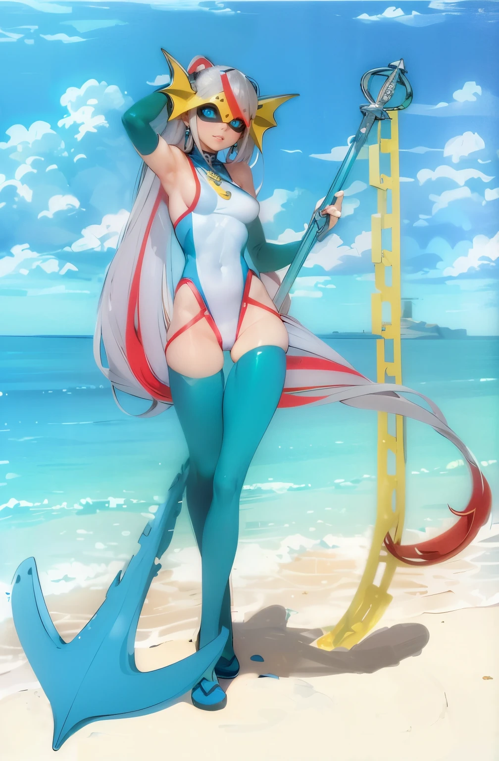 (nsfw), ((1girl)), on the beach,  ((masterpiece)), realistic, ((highly detailed:1.3)), beautiful, exotic skin_complexion1.4, athletic female body, grinning at viewer, diamond shaped eyes, steel colored eyes, black eye shadow, long straight hair, ponytail at the end, grey hair with red stripes, bangs, eyes visible through hair,  ((wearing yellow domino mask)), yellow mermaid ears, aqua blue one_piece swimsuit, medium_bust, aqua blue elbow gloves, aqua blue thigh highs, (thigh gap), (cameltoe), perfect hands, holding long metal pole with golden chains, anchor, dynamic lighting, dynamic pose,