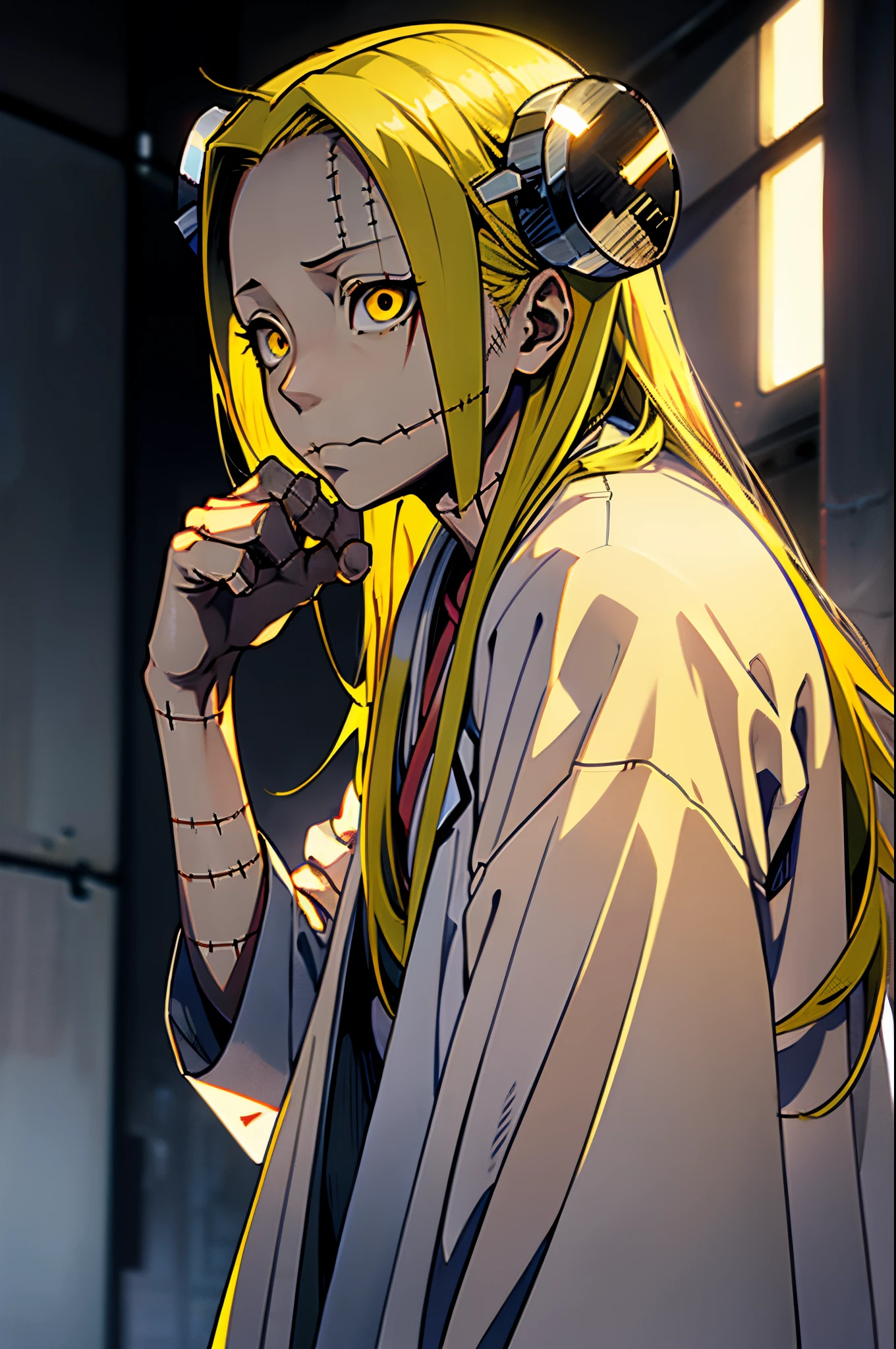 Madaraki_Fran,A  girl , stands , surgeon&#39;gown , clear face , Clean hands , hairlong , yellow hair,seams , Scars on the body , A creepy look , scary eyes , An intimidating look , creepy smile , bags under eyes, ((((Tired))))