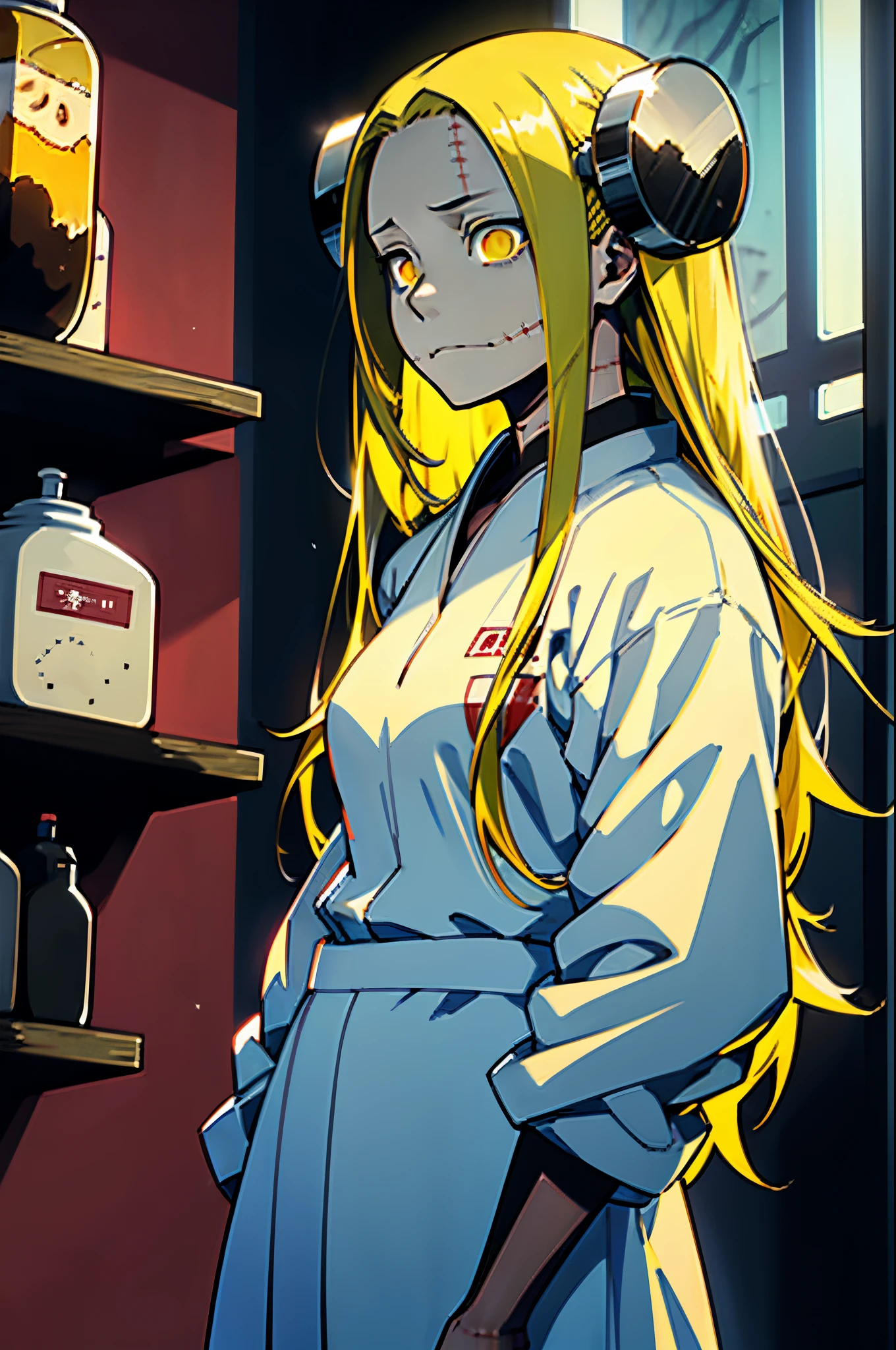 Madaraki_Fran,A  girl , stands , surgeon&#39;gown , clear face , Clean hands , hairlong , yellow hair,seams , Scars on the body , A creepy look , scary eyes , An intimidating look , creepy smile , bags under eyes, ((((Tired))))