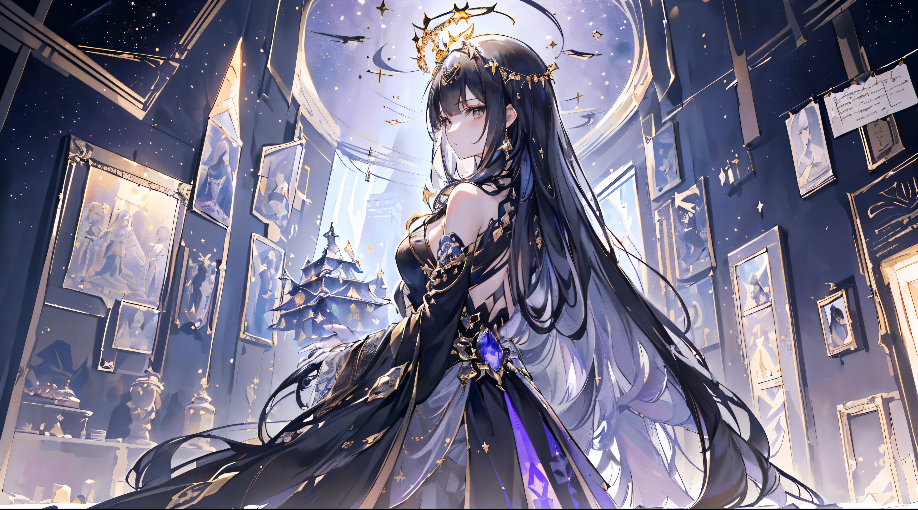 Character expressions: grim face, slightly wrinkled eyebrows, sharp eyes, highlighting her kingly demeanor. Hairstyle and color: Black hair falls to the waist, emitting an eerie glow, giving people an unfathomable feeling. Clothing style and color: Wearing an inky robe with crimson lotus embroidered on the corners, large, loose sleeves, and a series of ornate gold silk trims on the hem, it looks particularly dazzling in the sun. Accessories on the figure: a long golden belt is tied around the waist, and a black jade pendant is set on it, giving people a noble feeling. Character posture: wearing a robe, hands crossed in front of her chest, deliberately maintaining a sense of distance, showing her arrogance. Surroundings: In the dark hall, countless candles hang on the roof of the hall, illuminating her figure. The ground is paved with shiny red marble, reflecting her dignity and mystery, giving people a solemn atmosphere.