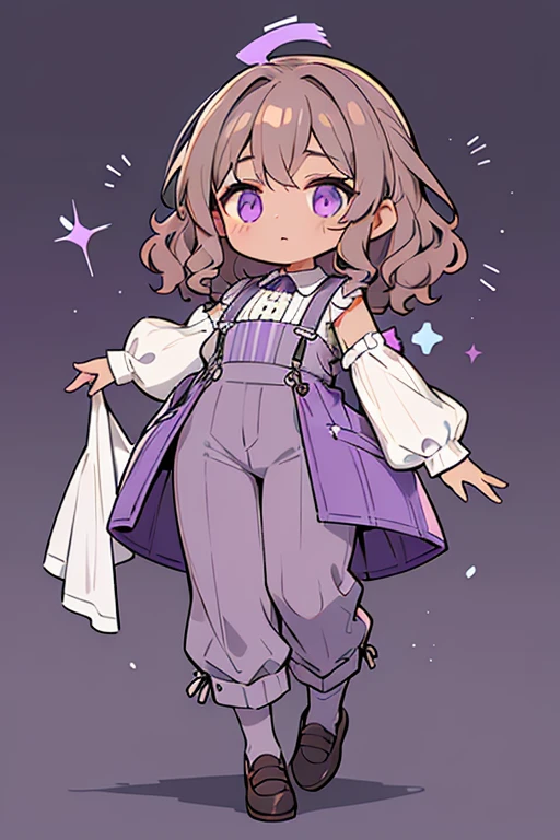 Isadora has a medium skin tone and curly brown hair. She wears a gray shirt with puffed sleeves, a lighter gray collar and sleeve ends, a purple skirt with lighter purple horizontal stripes over gray pants, purple suspenders with lighter purple horizontal stripes, and black shoes with brown soles, light gray lining, and light gray dots in the back.