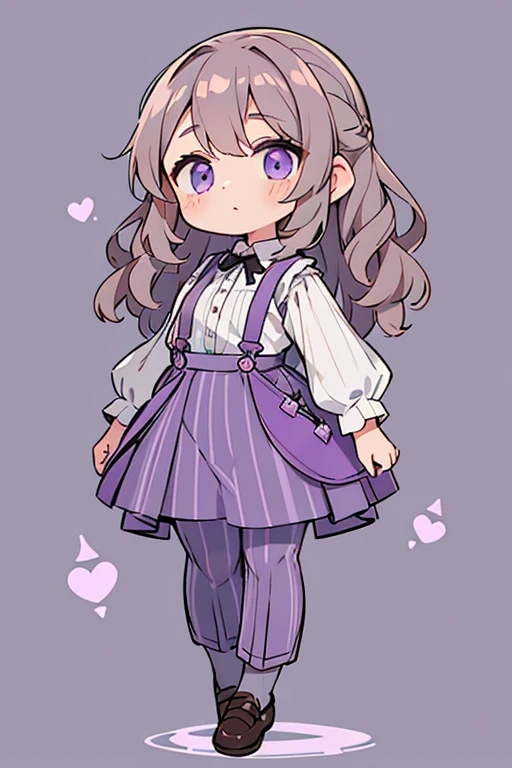 Isadora has a medium skin tone and curly brown hair. She wears a gray shirt with puffed sleeves, a lighter gray collar and sleeve ends, a purple skirt with lighter purple horizontal stripes over gray pants, purple suspenders with lighter purple horizontal stripes, and black shoes with brown soles, light gray lining, and light gray dots in the back.