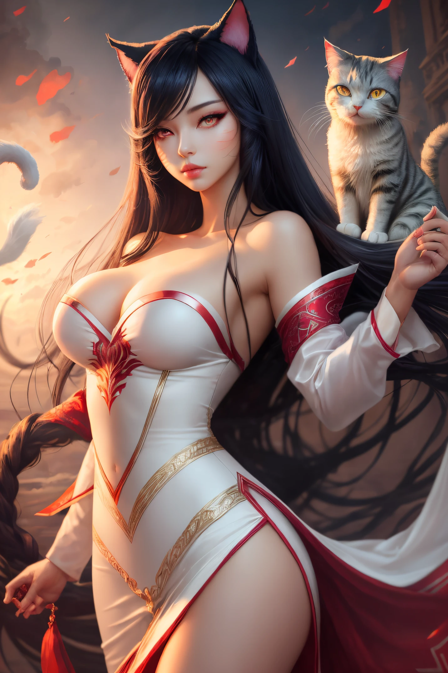 ahri, 1girl, Long hair, red eyes, 独奏,white long dress , Irelia;, looking a viewer, white colored hair, bronya, lips, , foreshortening, symmetric eyes, Cat's pupils, Medieval background ,