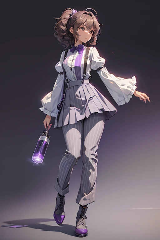 Isadora has a medium skin tone and curly brown hair. She wears a gray shirt with puffed sleeves, a lighter gray collar and sleeve ends, a purple skirt with lighter purple horizontal stripes over gray pants, purple suspenders with lighter purple horizontal stripes, and black shoes with brown soles, light gray lining, and light gray dots in the back.