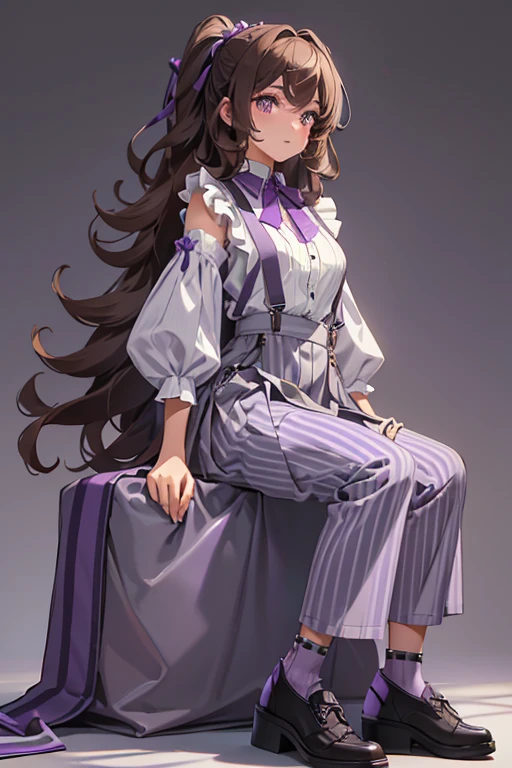 Isadora has a medium skin tone and curly brown hair. She wears a gray shirt with puffed sleeves, a lighter gray collar and sleeve ends, a purple skirt with lighter purple horizontal stripes over gray pants, purple suspenders with lighter purple horizontal stripes, and black shoes with brown soles, light gray lining, and light gray dots in the back.