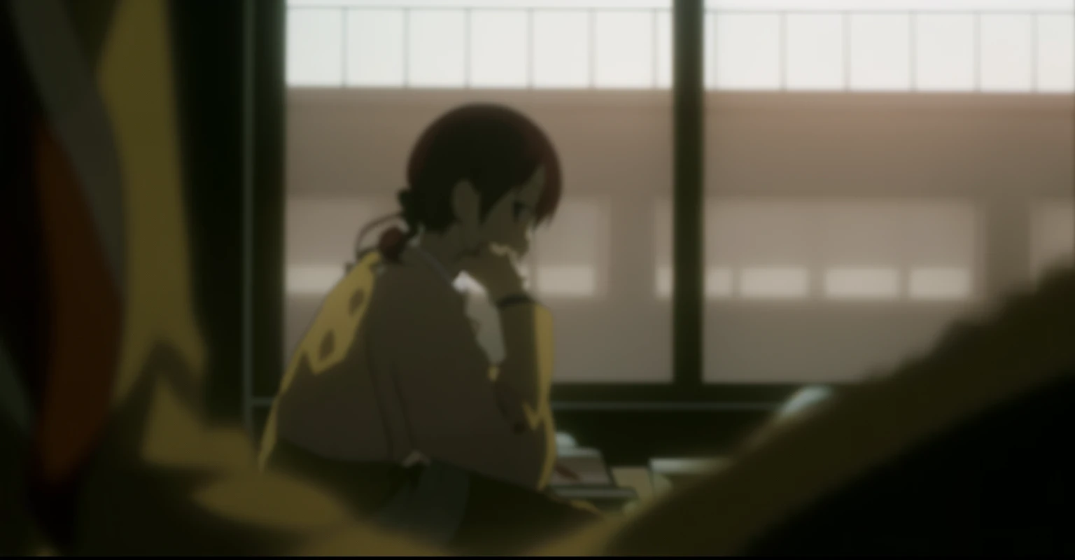 anime scene of a woman sitting in front of a window, still from tv anime, screenshot from a 2012s anime, ( ( ( yoshinari yoh ) ) ), in an anime, screenshot from ???? anime, still from anime, anime screencap, in the anime film, style of red line anime movie, kentaro miura style