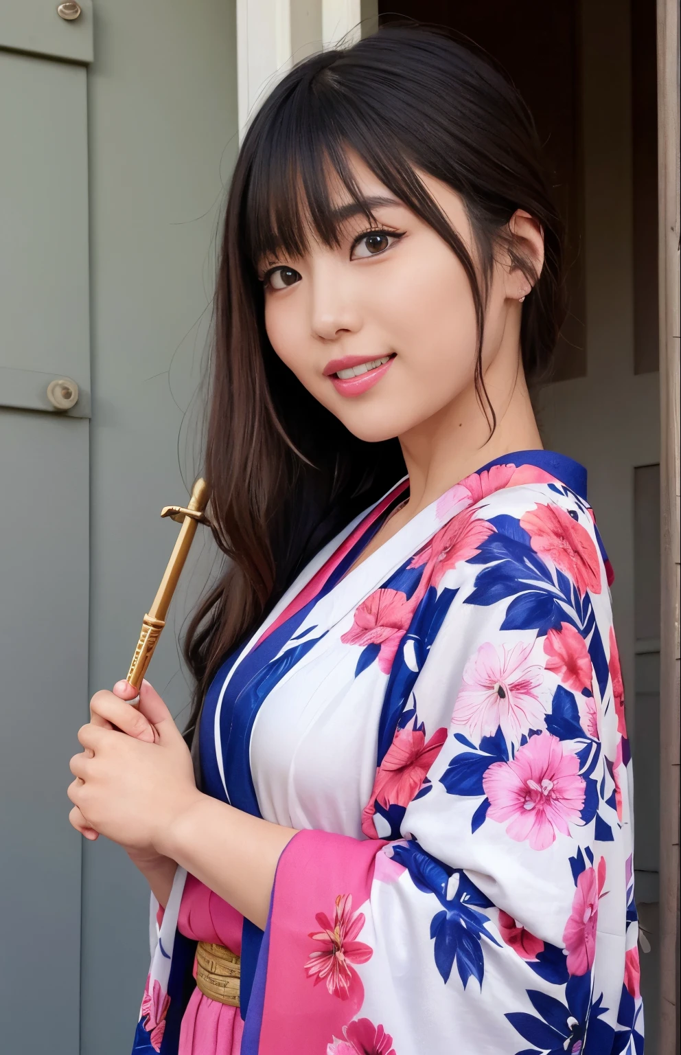 1girl solo、outside of house、cute japanese model girl、Kimono、Tiger handle、hair adornments、look at the viewer and lower your hair、Brown-eyed、bangss、​masterpiece、top-quality、realisitic、a smile