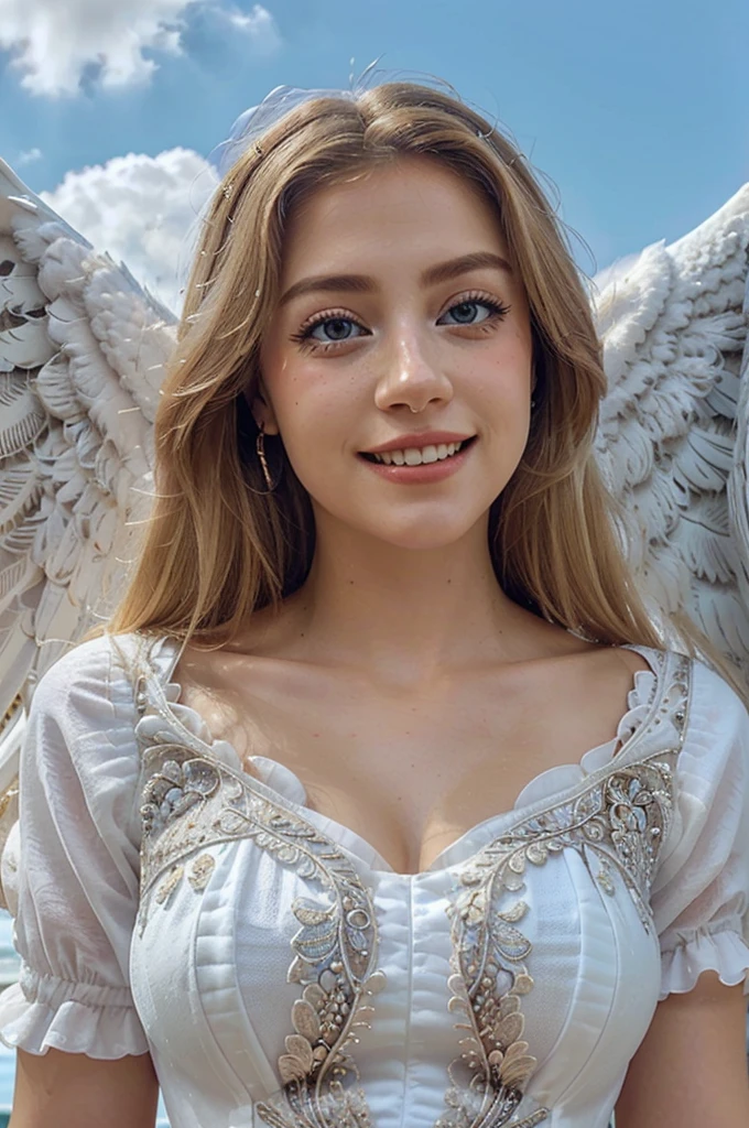 1 woman, ((A very beautiful angel queen, Final form as a complete angel, The masterpiece of the angel woman, Angel queen, The most worthy angel.., Intricate and solemn dresses, Complex and majestic female angel figure.. ,The most majestic figure of the angel woman..,The most intricate representation of an angel..,Intricate reproduction of perfect angelic details..),most beautiful face,The most luxurious and intricate dresses,The biggest smile looking at the camera, (Bright red eyes)), Giant angel wings, The background is the perfect look of the heavens., Masterpiece, 8k, Ultra detailed, ((white angel dress and the finest and most delicate fabric possible, blonde hair , pale white skin, in the background the sky in the clouds))