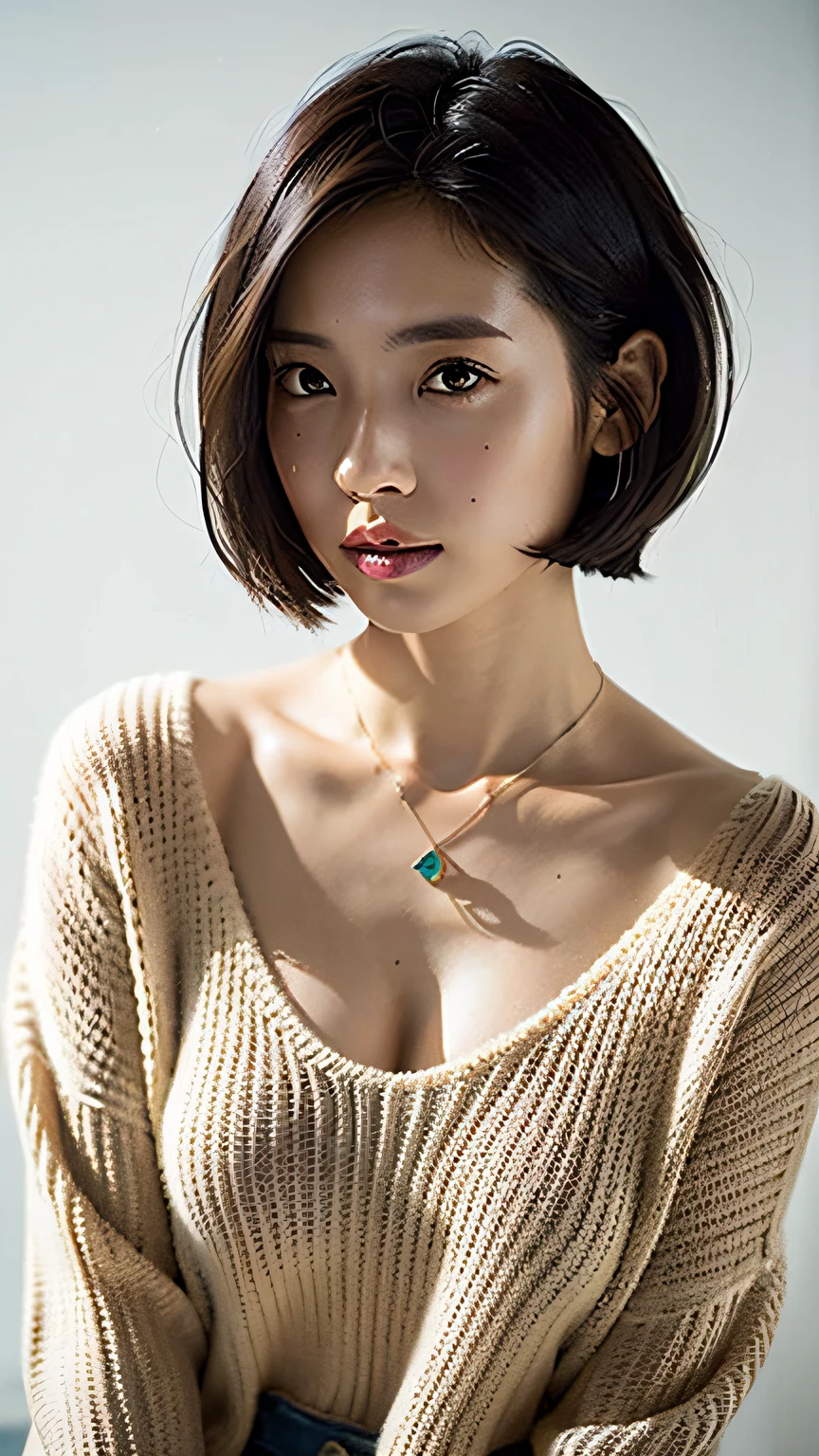 (Best Quality, 8K, 32K, masutepiece, nffsw:1.2),Photo of Pretty Japanese woman, Large breasts, Very short bob hair,Upper body,Face Focus,Oversized_Sweaters, Necklace, Background, From above, Looking at Viewer,