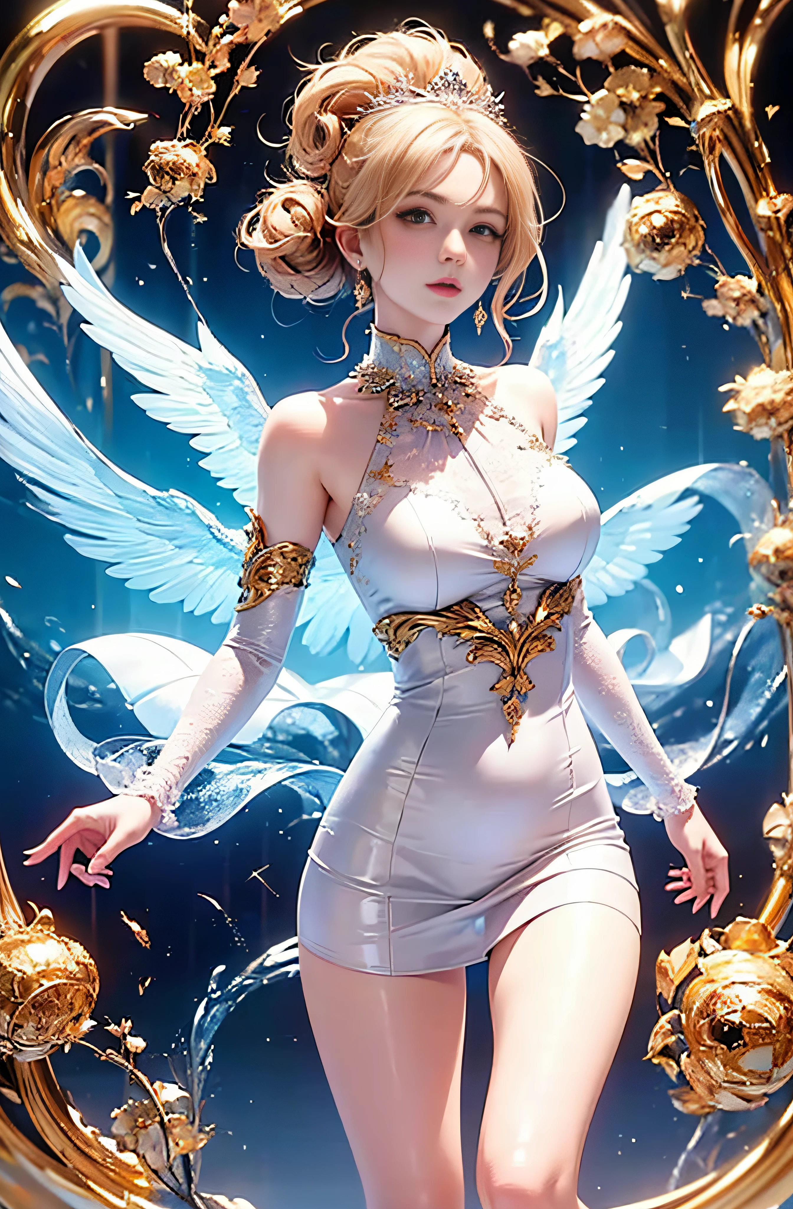 Greek warships、8K、realphoto、超A high resolution, Master Parts, Best Quality, nffsw , cinematic images,Lovely girl、ann、16 only、annグロサクソン、二重まぶた、drooing eyes、Very big eyes、eye shadow、 ighly detailed , a blond、Straight short hair、 Sweet look 、ssmile、Charming gaze、A little embarrassing、thin lipss ,beautiful long nose、the tip of the nose is small、a very beautiful woman、long supple legs、 Very clear shadows , jewely , A sexy , A detailed eye, very intricate, shiny skins , パーフェクトブリリannト, Perfect Lighting, Dramatic shadows ,White tiara on head、white dress with gold embroidery、white angel wings from behind the back、White bouquet in both hands、Glass High Heels