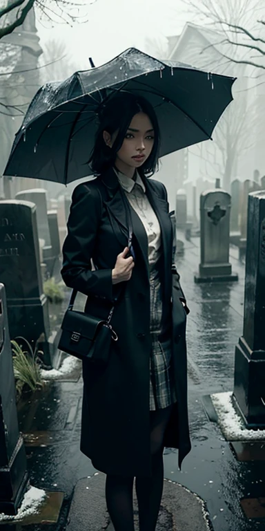 photorealistic, best quality, masterpiece, rainy graveyard, spirit dark theme