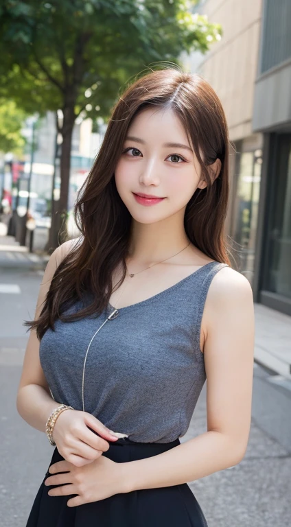 masutepiece, Best Quality, Illustration, Ultra-detailed, finely detail, hight resolution, 8K Wallpaper, Perfect dynamic composition, Beautiful detailed eyes, doress,Medium Hair, mid-chest, Natural Color Lip, Random and sexy poses,Smile,Aoyama Street Walk、20 years girl