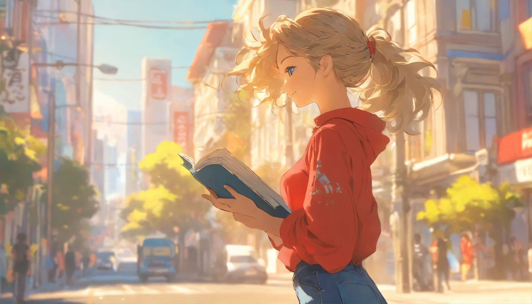 A woman in a red shirt is standing on a city street - SeaArt AI