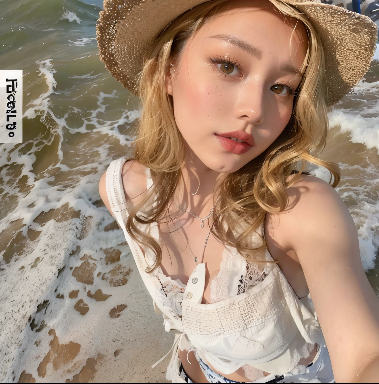 arafed woman with a straw hat standing in the surf, ruan jia beautiful!, xintong chen, jaeyeon nam, photoshoot, roseanne park of blackpink, beautiful young korean woman, white curly hair, heonhwa choe, leaked image, long curly light blond hair, with long curly hair, korean girl, beautiful south korean woman, photo on iphone