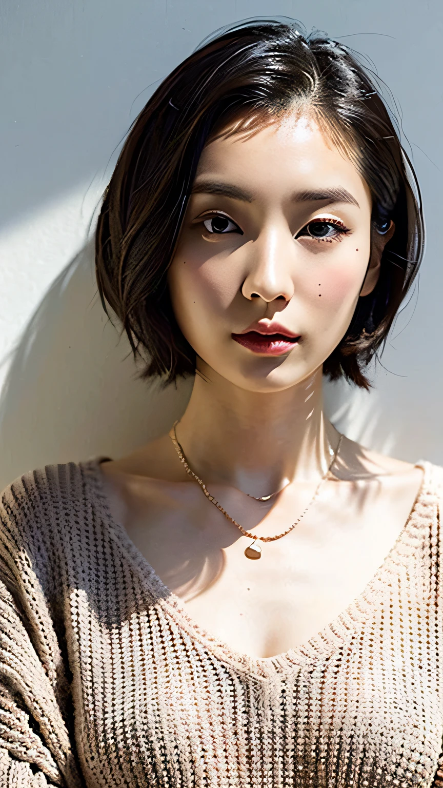 (Best Quality, 8K, 32K, masutepiece, nffsw:1.2),Photo of Pretty Japanese woman, Large breasts, Very short bob hair,Upper body,Face Focus,Oversized_Sweaters, Necklace,  Background, From  above, Looking at Viewer,