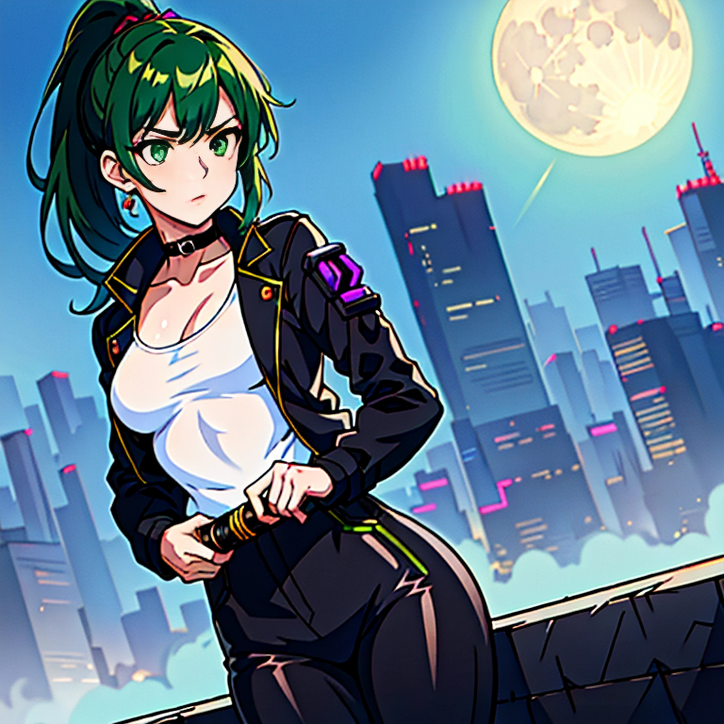 (masterpiece, best quality, 8k, sharp focus, depth of field, best shadows, perfect lights, HDR, realistic skin texture, hyper detailed background), Anime style, Long Angle Shot, ((CYBERPUNK THEME)), solo, 1 woman, she is a mercenary, (green eyes, white skin, black hair with ponytail, choker, small breasts, slim, makeup, Eyeliner, gloss), she is doing a job on a futuristic korean city, holding a Tech-katana with a strong grip, night, sky, waning moon, wearing a nice tech-jacket and leather pants.