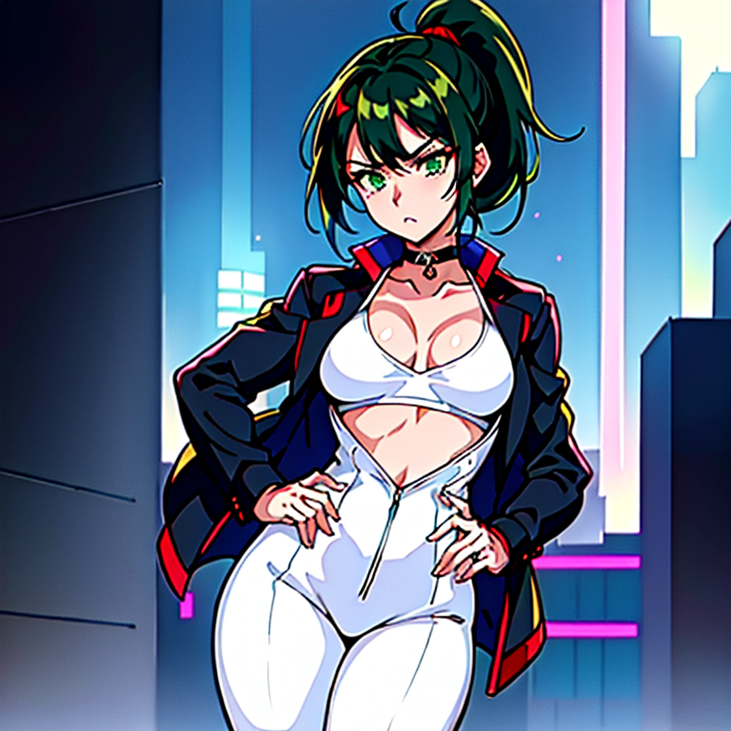 (masterpiece, best quality, 8k, sharp focus, depth of field, best shadows, perfect lights, HDR, realistic skin texture, hyper detailed background), Anime style, Long Angle Shot, ((CYBERPUNK THEME)), solo, 1 woman, she is a mercenary, (green eyes, white skin, black hair with ponytail, choker, small breasts, slim, makeup, Eyeliner, gloss), she is doing a job on a futuristic korean city, holding a Tech-katana with a strong grip, night, sky, waning moon, wearing a nice tech-jacket and leather pants.