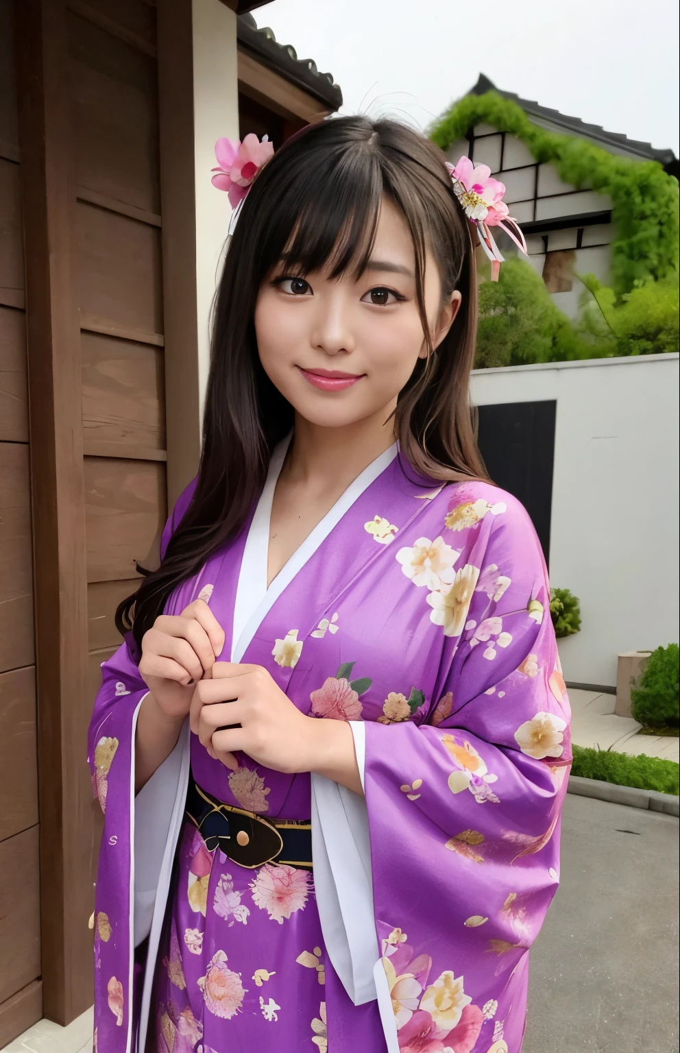 1girl solo、outside of house、cute japanese model girl、Kimono、Tiger handle、hair adornments、look at the viewer and lower your hair、Brown-eyed、bangss、​masterpiece、top-quality、realisitic、a smile